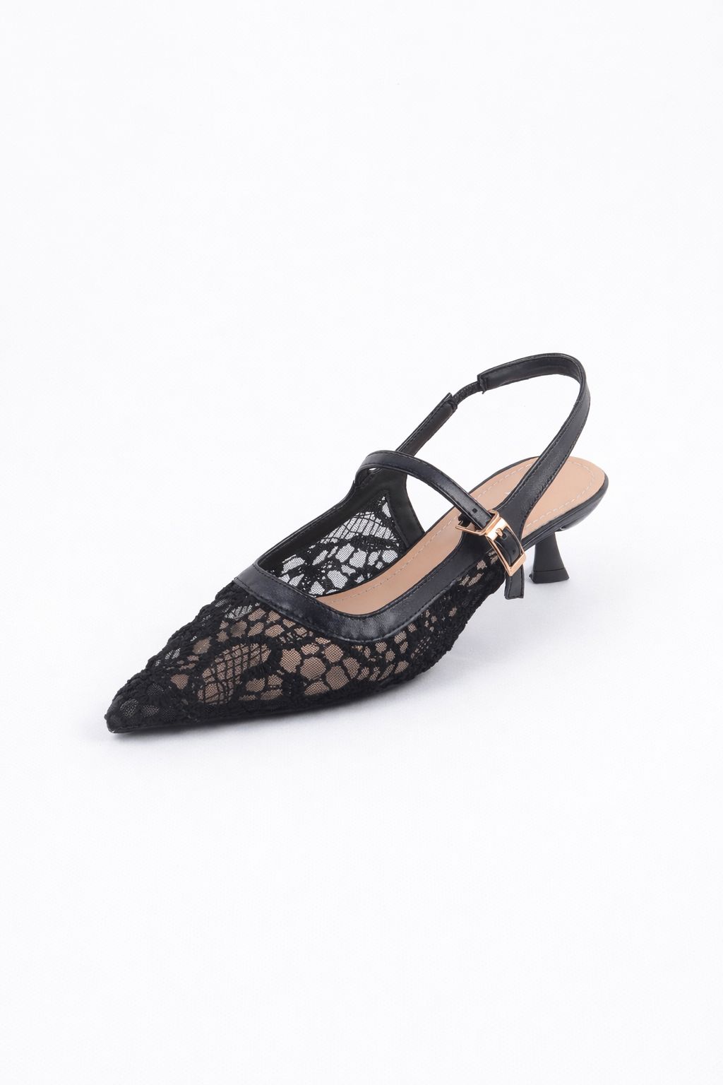 Lace Pointed Toe Slingback Kitten Heels