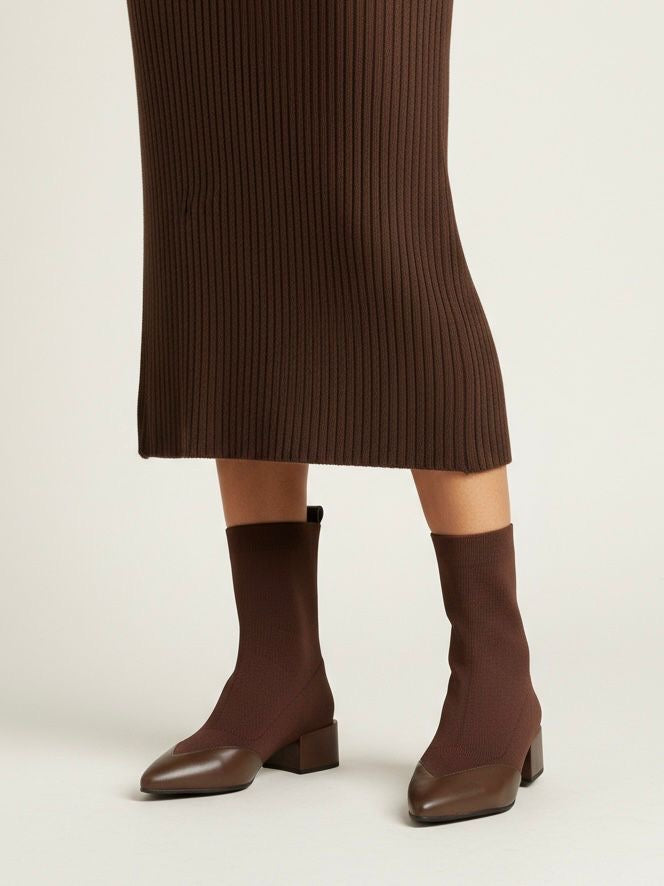 Stretch Knit Ankle Block Heel Boots