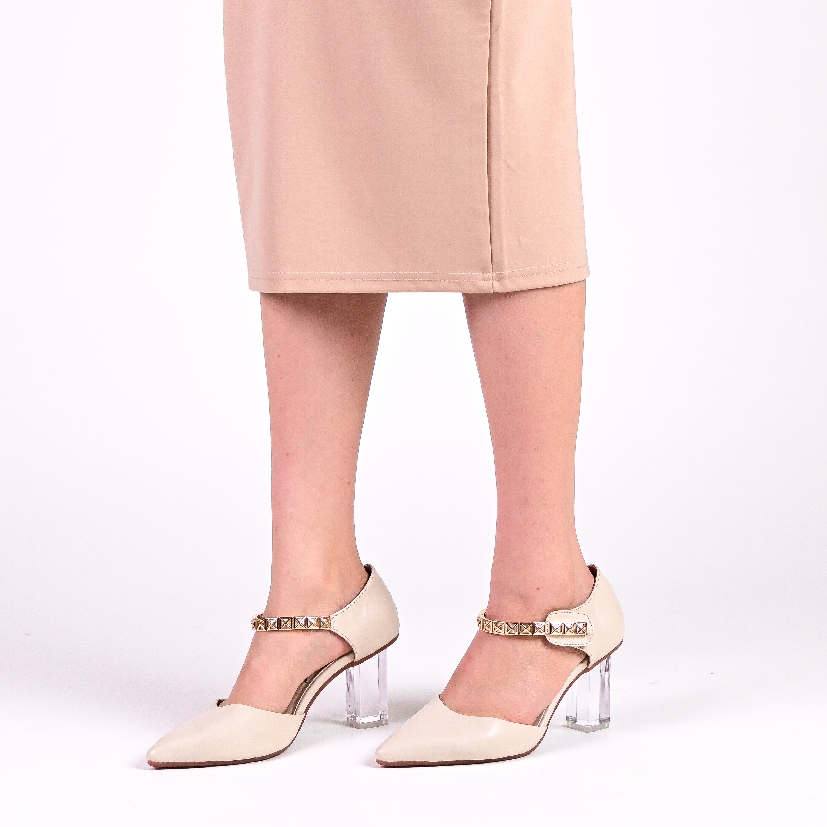 METAL ANKLE STRAP GLASS HEELS PUMPS