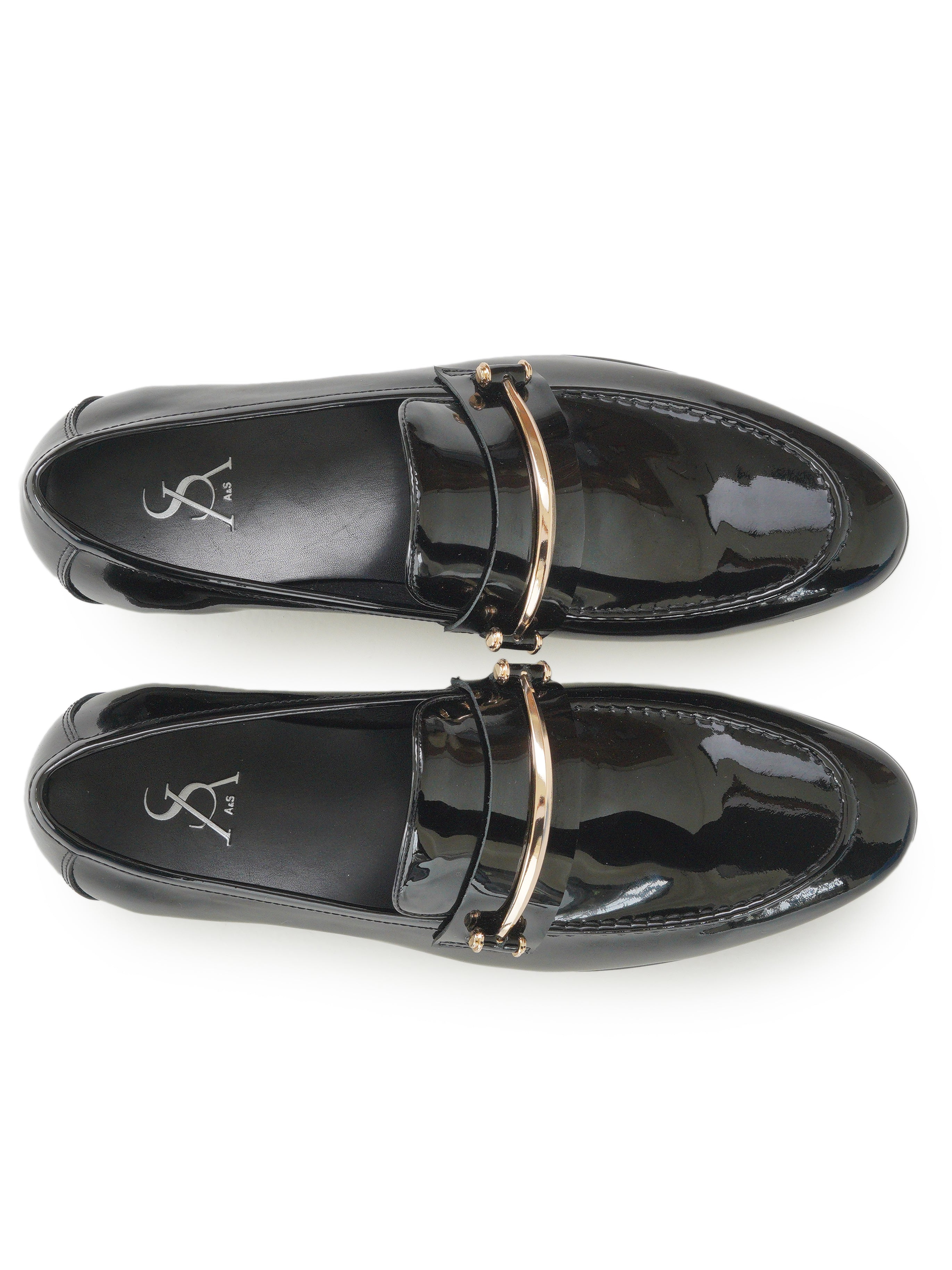 Patent mocassins with gold hardware