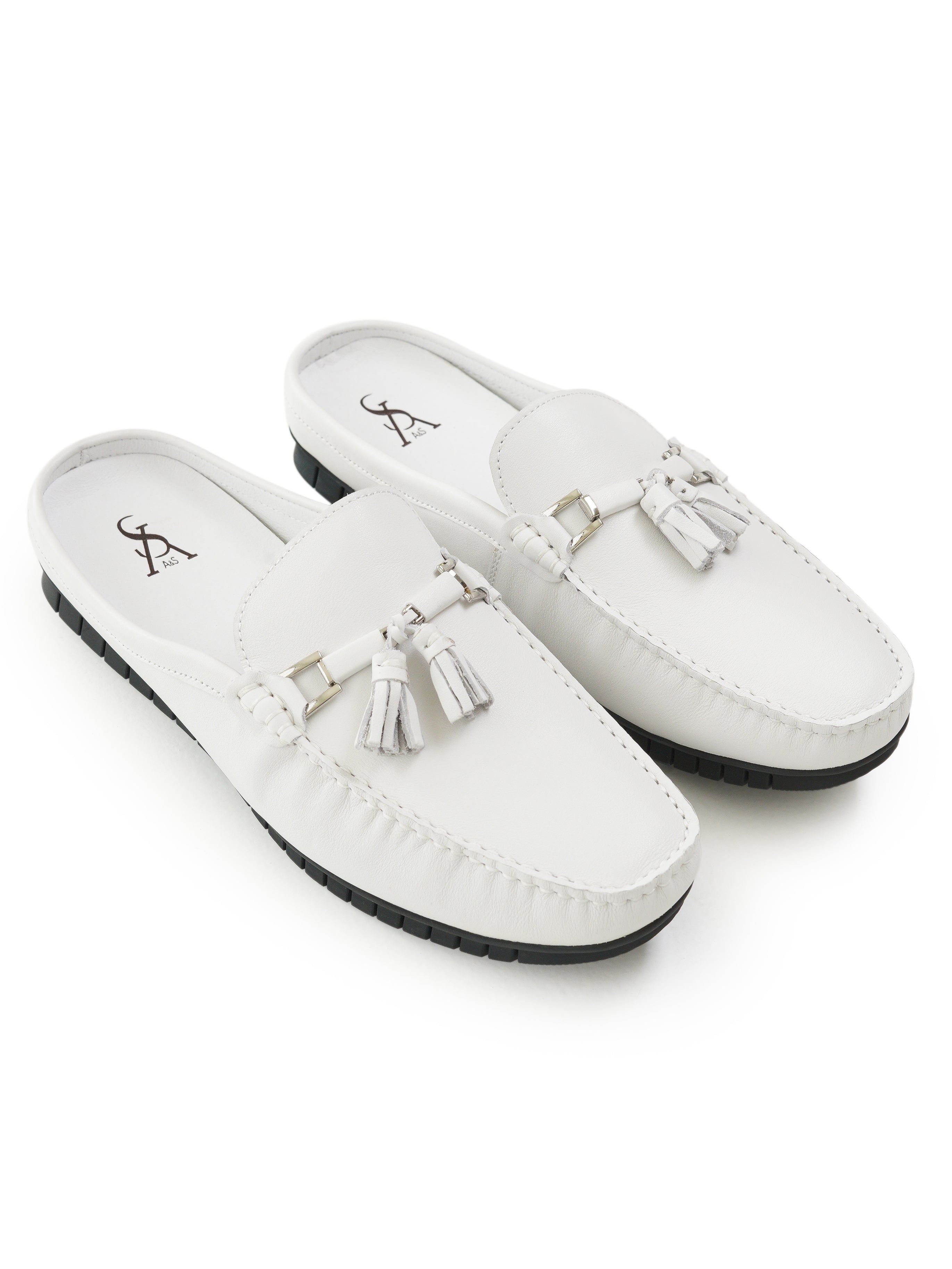 White tassle mules