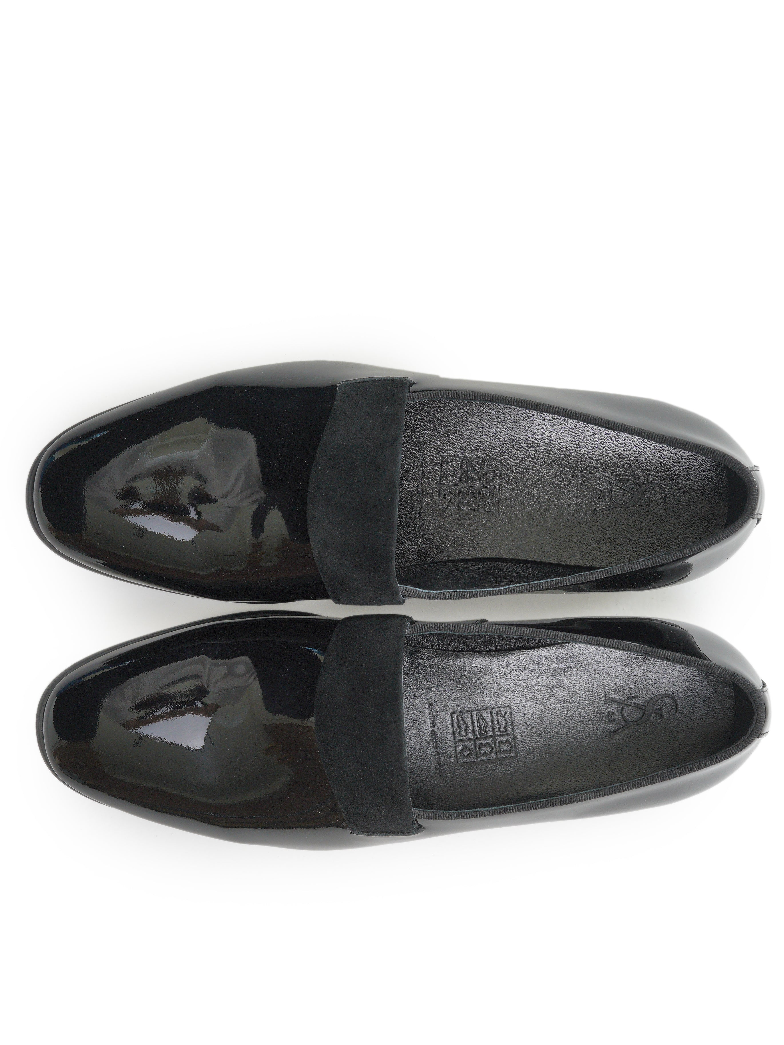 Patent moccasins with strap detail