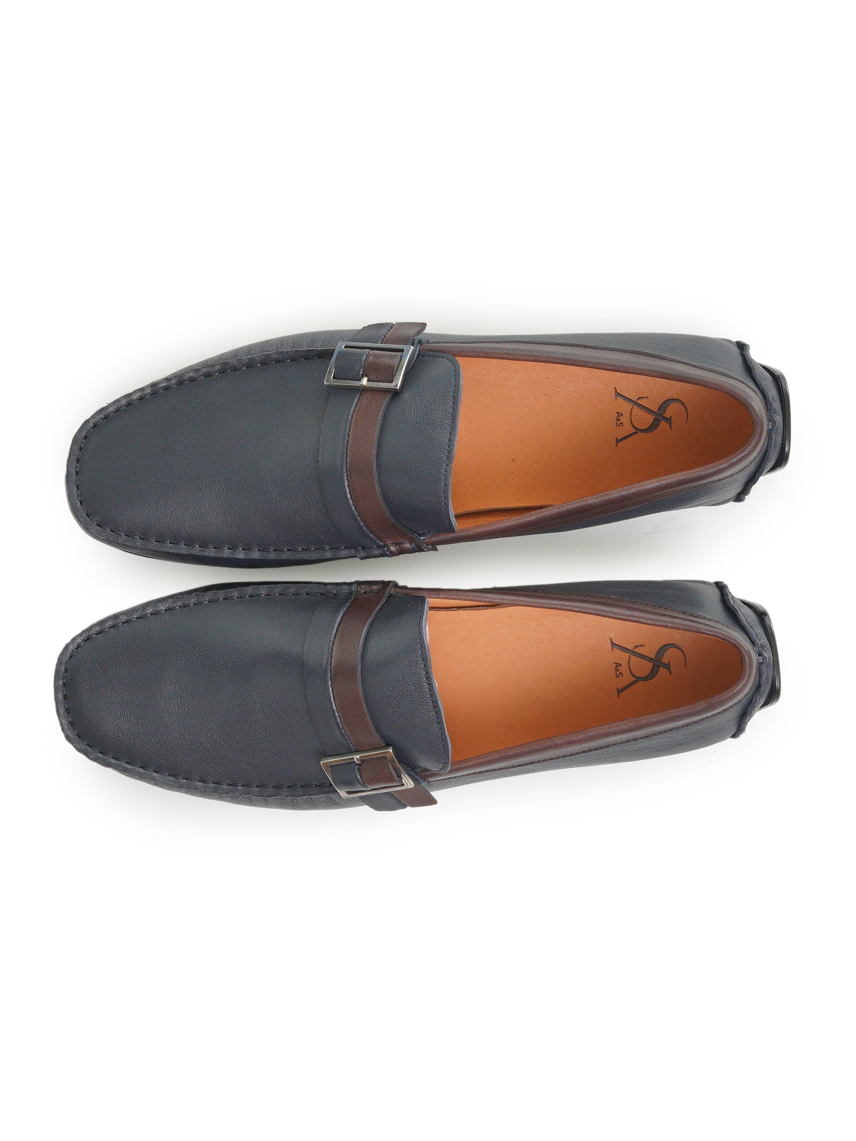 Leather loafers with dual-tone buckle strap