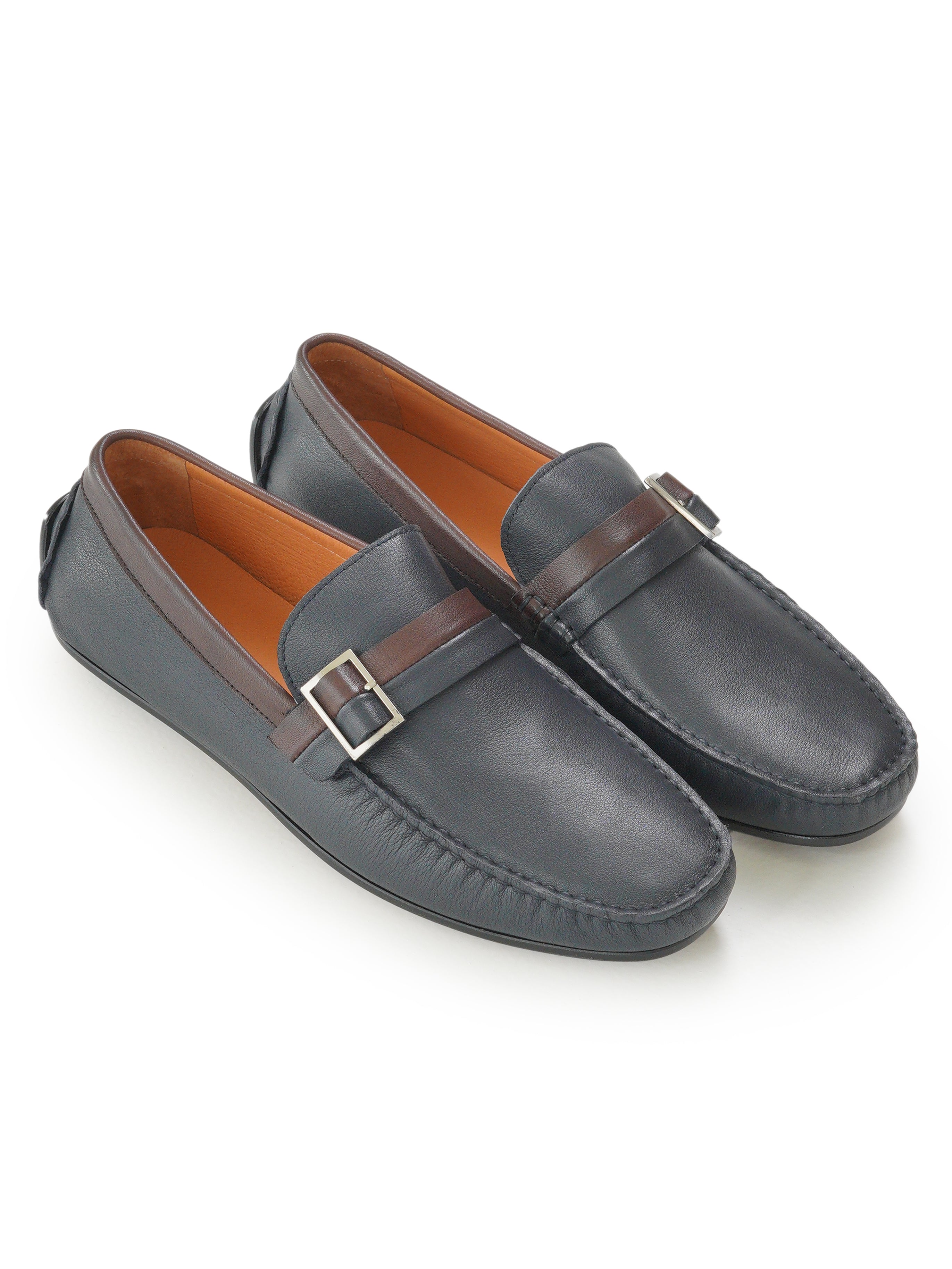 Leather loafers with dual-tone buckle strap