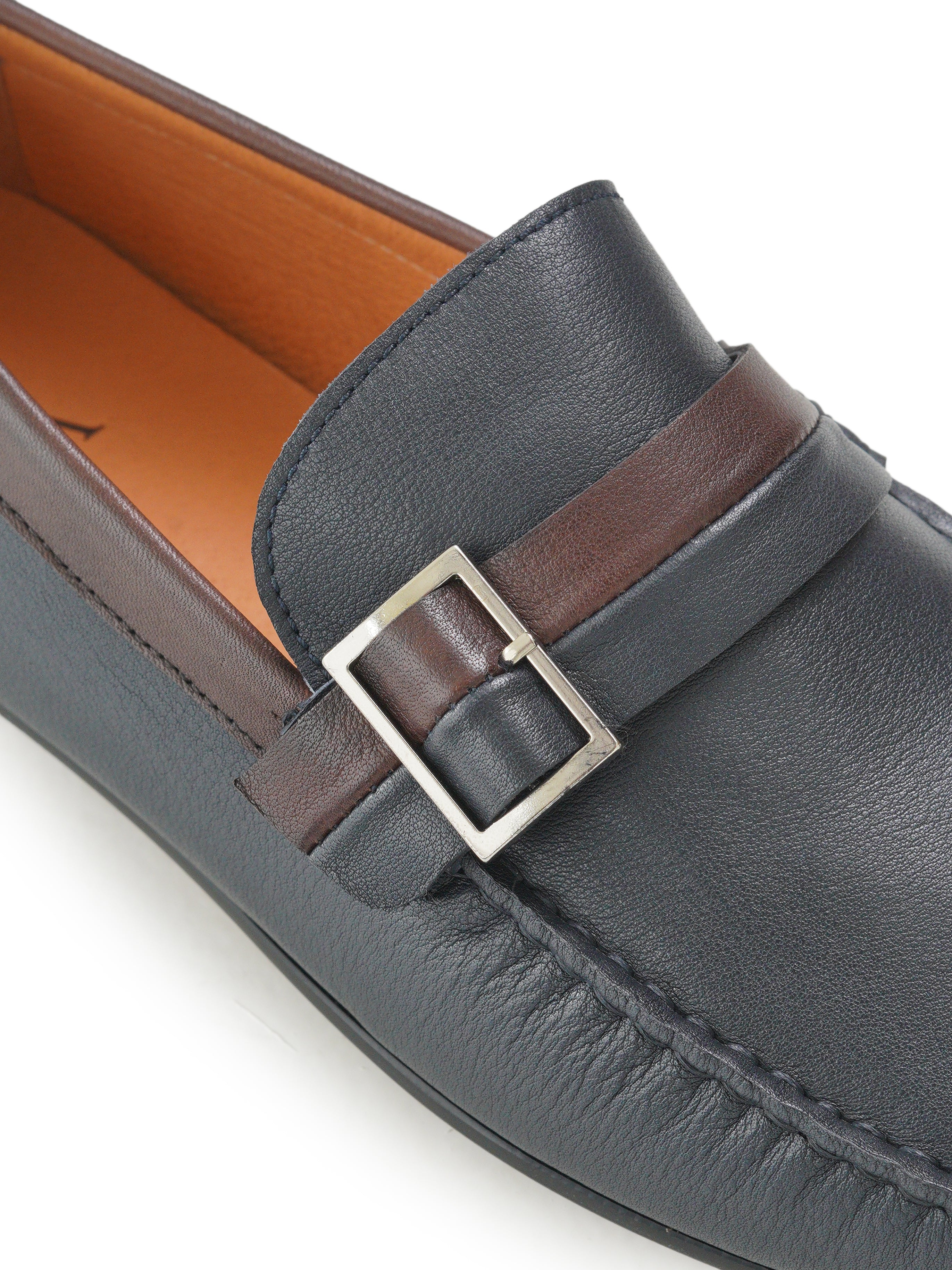 Leather loafers with dual-tone buckle strap