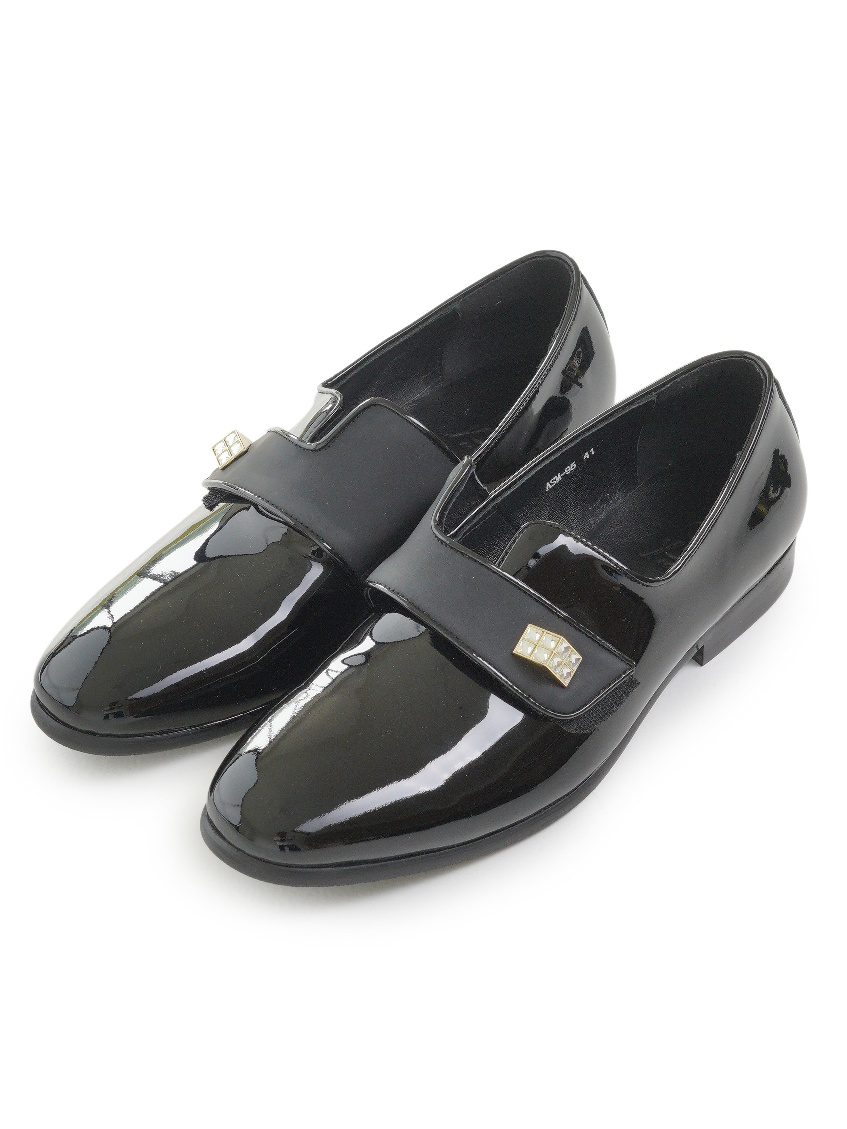 Patent mocassins with gold detailing