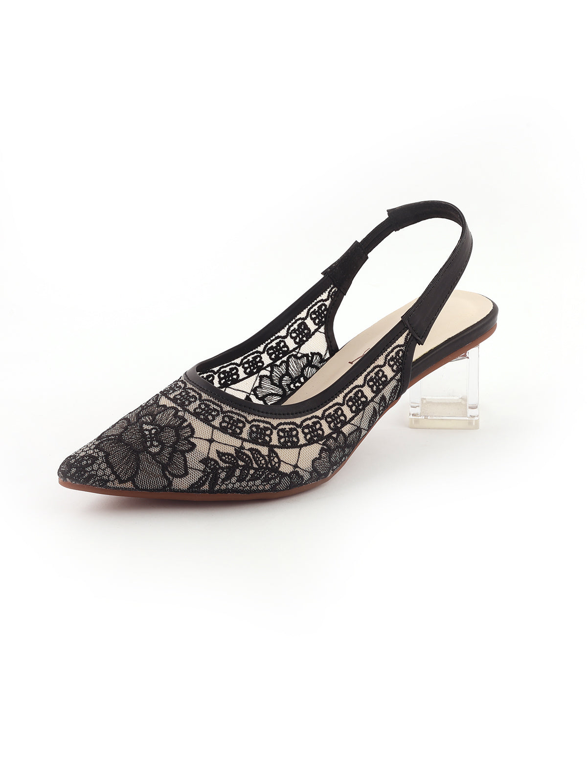 Floral lace detail slingback block heels