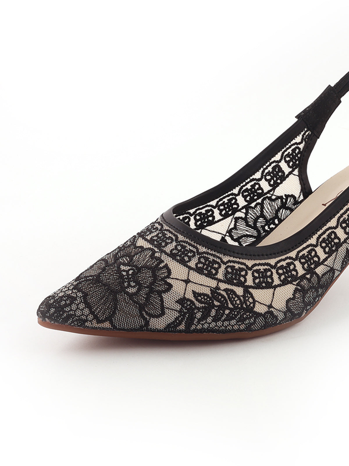Floral lace detail slingback block heels