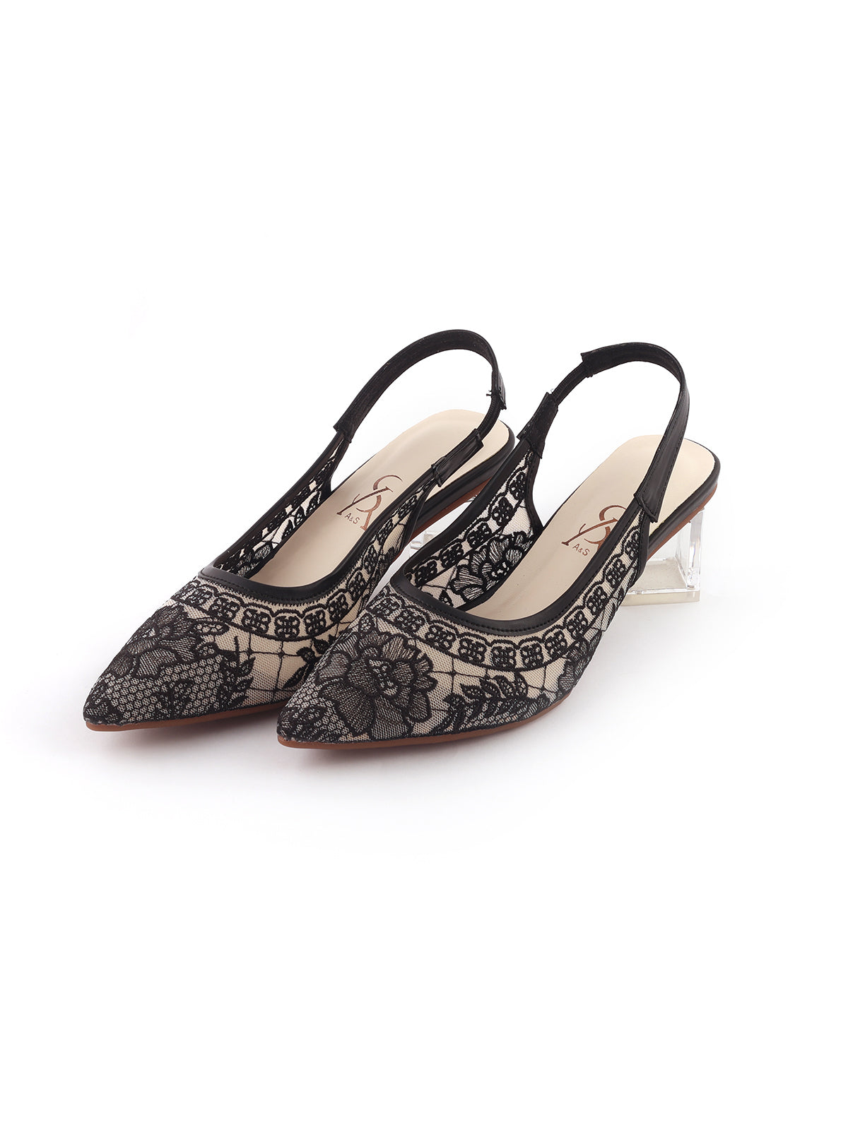 Floral lace detail slingback block heels
