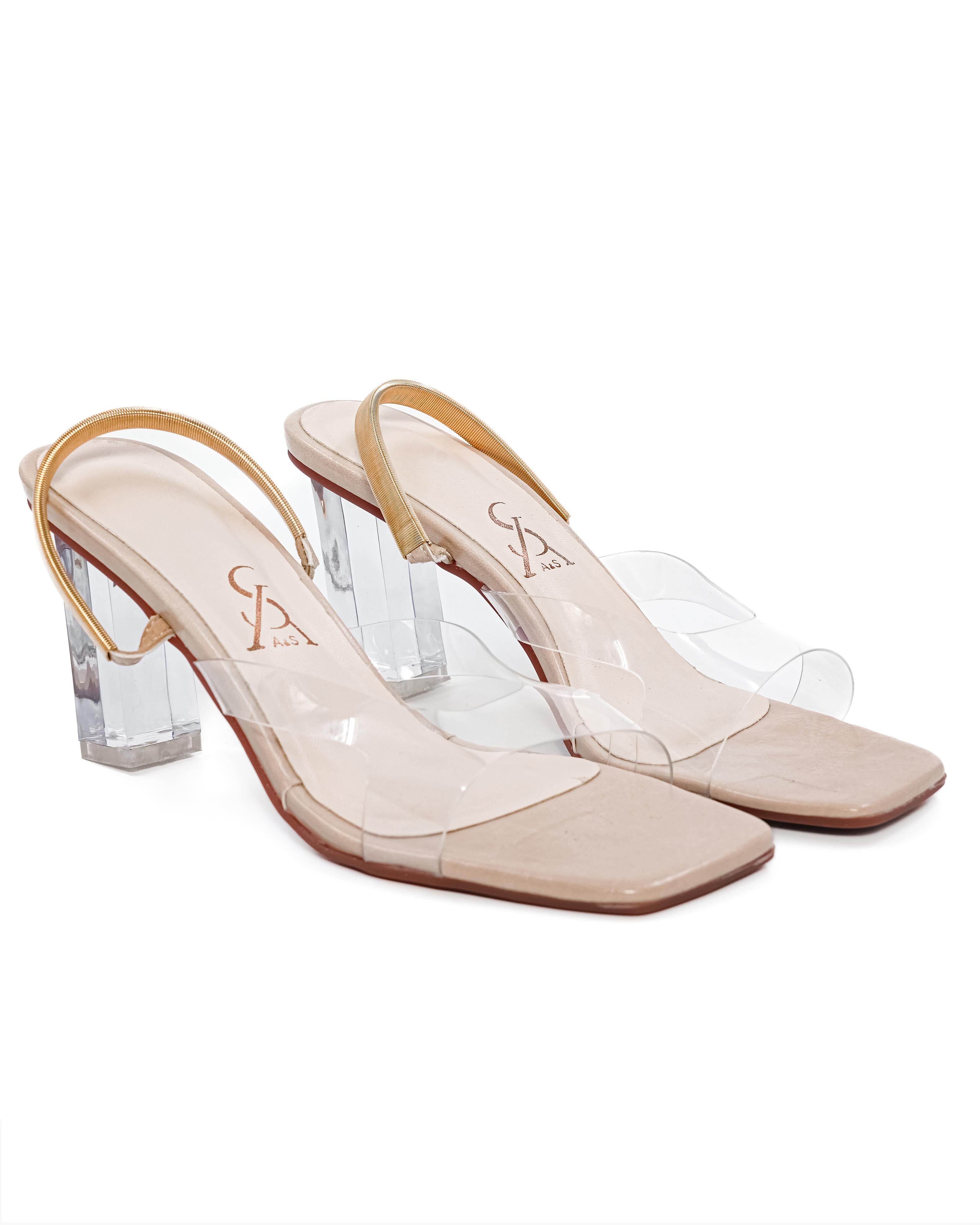 Cutout Golden Vinyl Strap High Block Heel