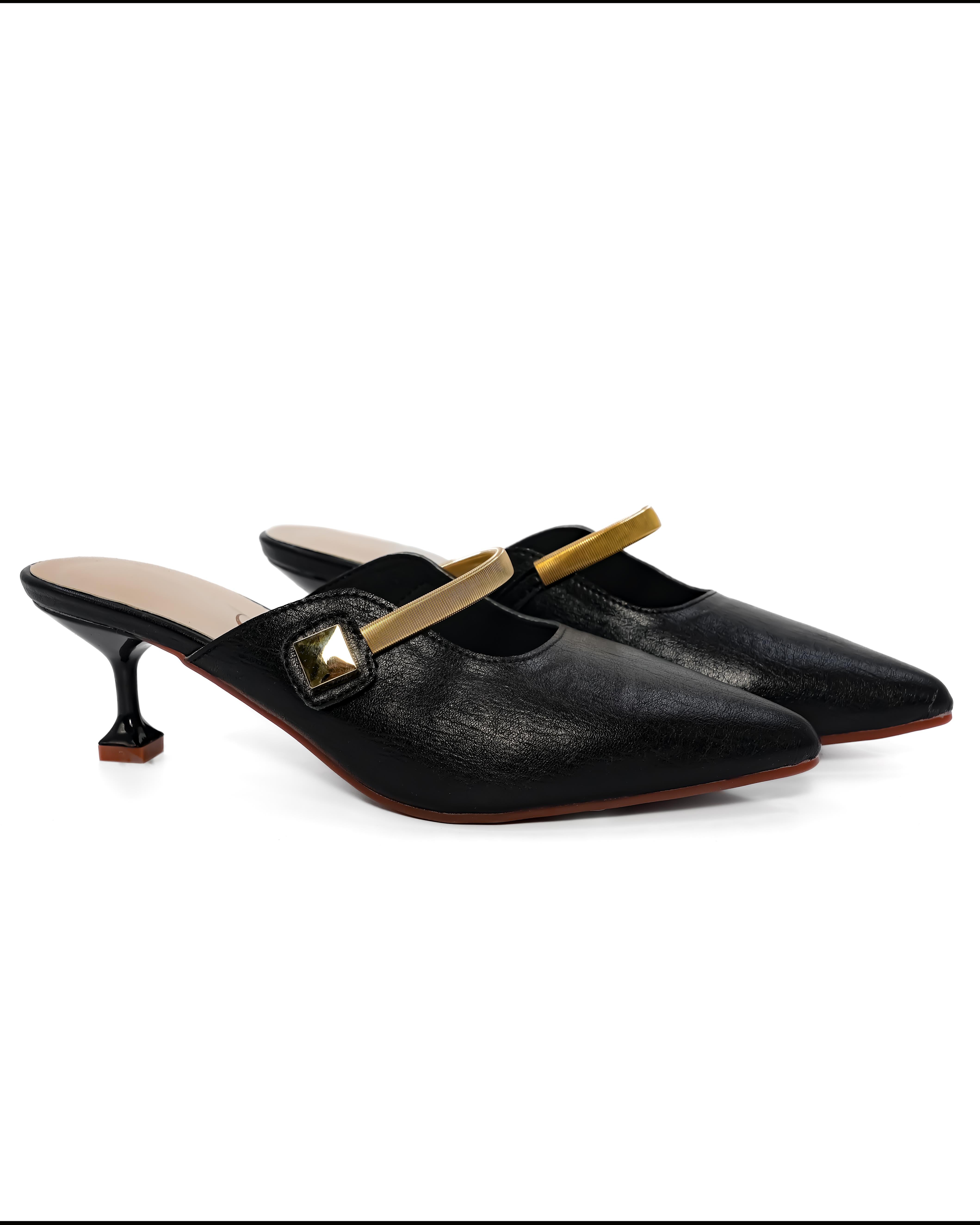 Golden Square Buckle Kitten Heels