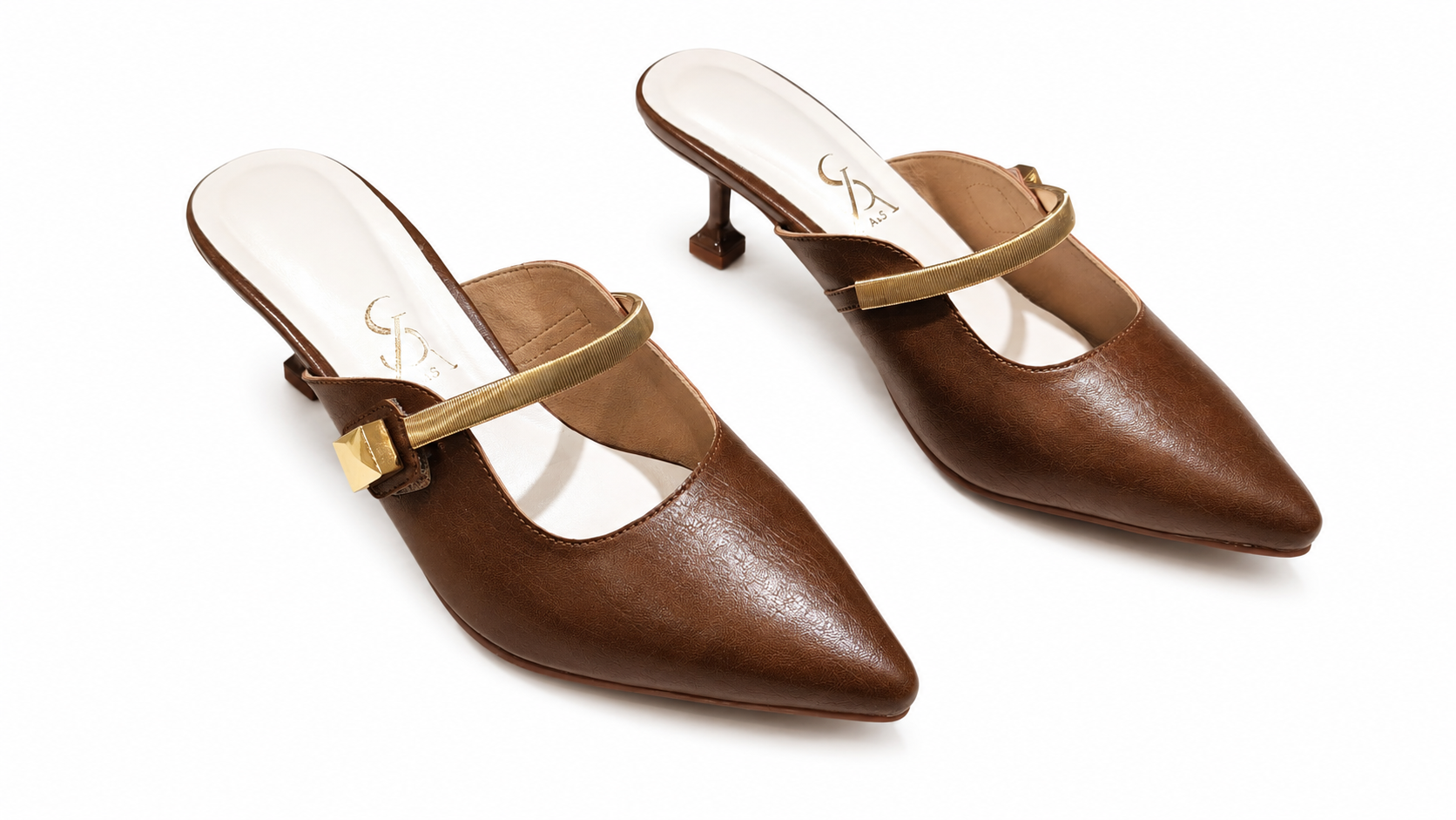 Golden Square Buckle Kitten Heels