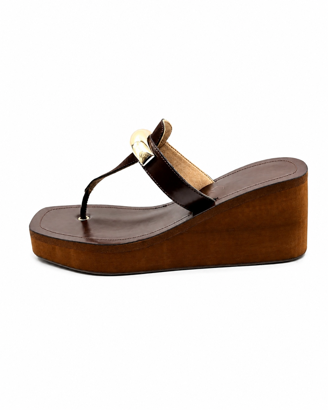 Golden Accent Detail T strap Wedges