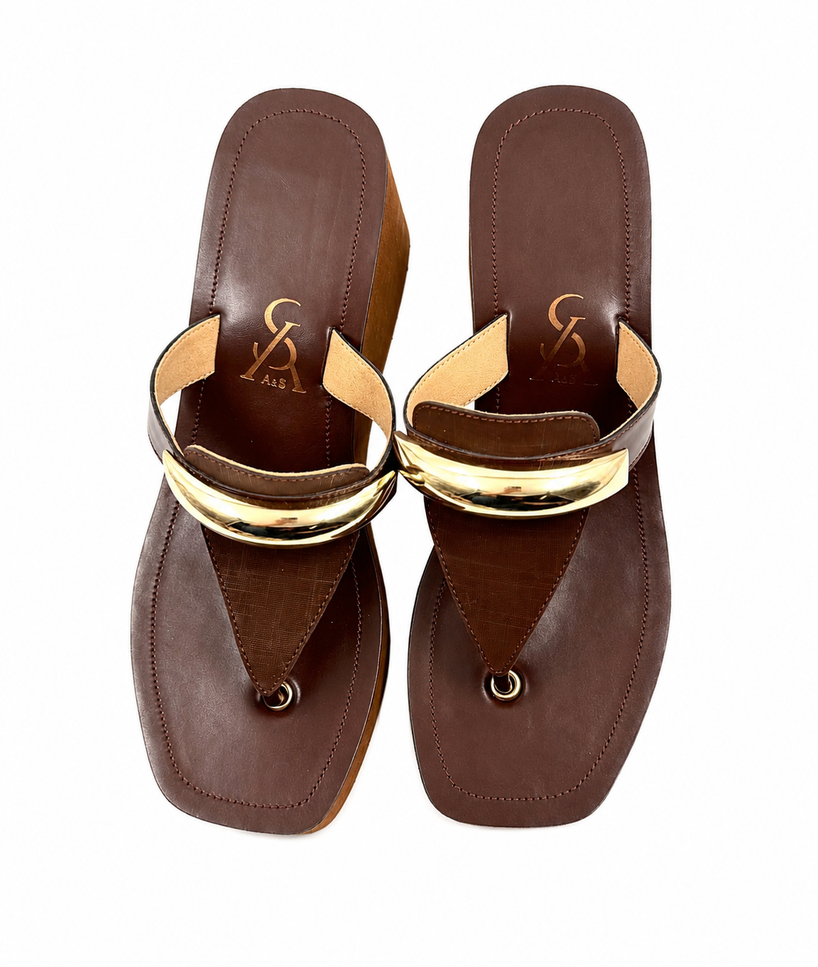 Golden Accent Detail T strap Wedges