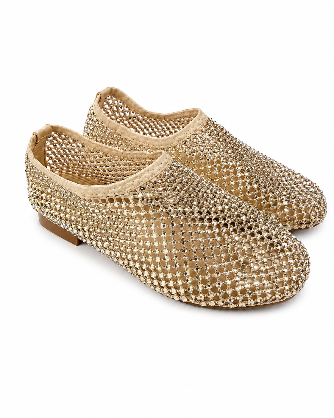 Rhinestone studded mesh closed ballerinas