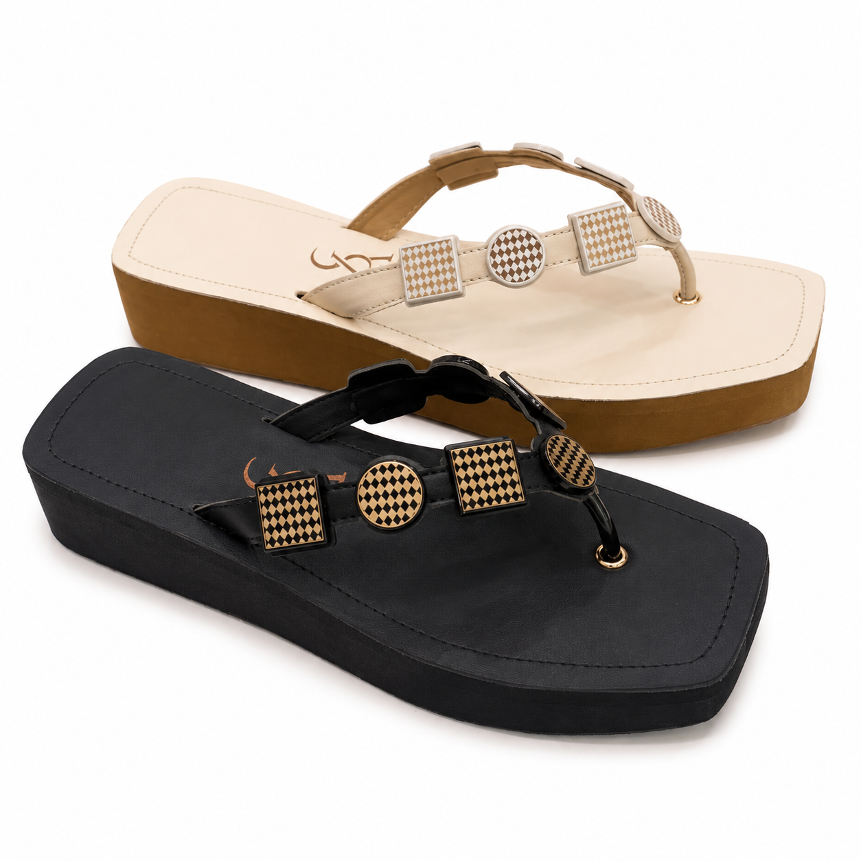 Geometric embellishments detail flip flops