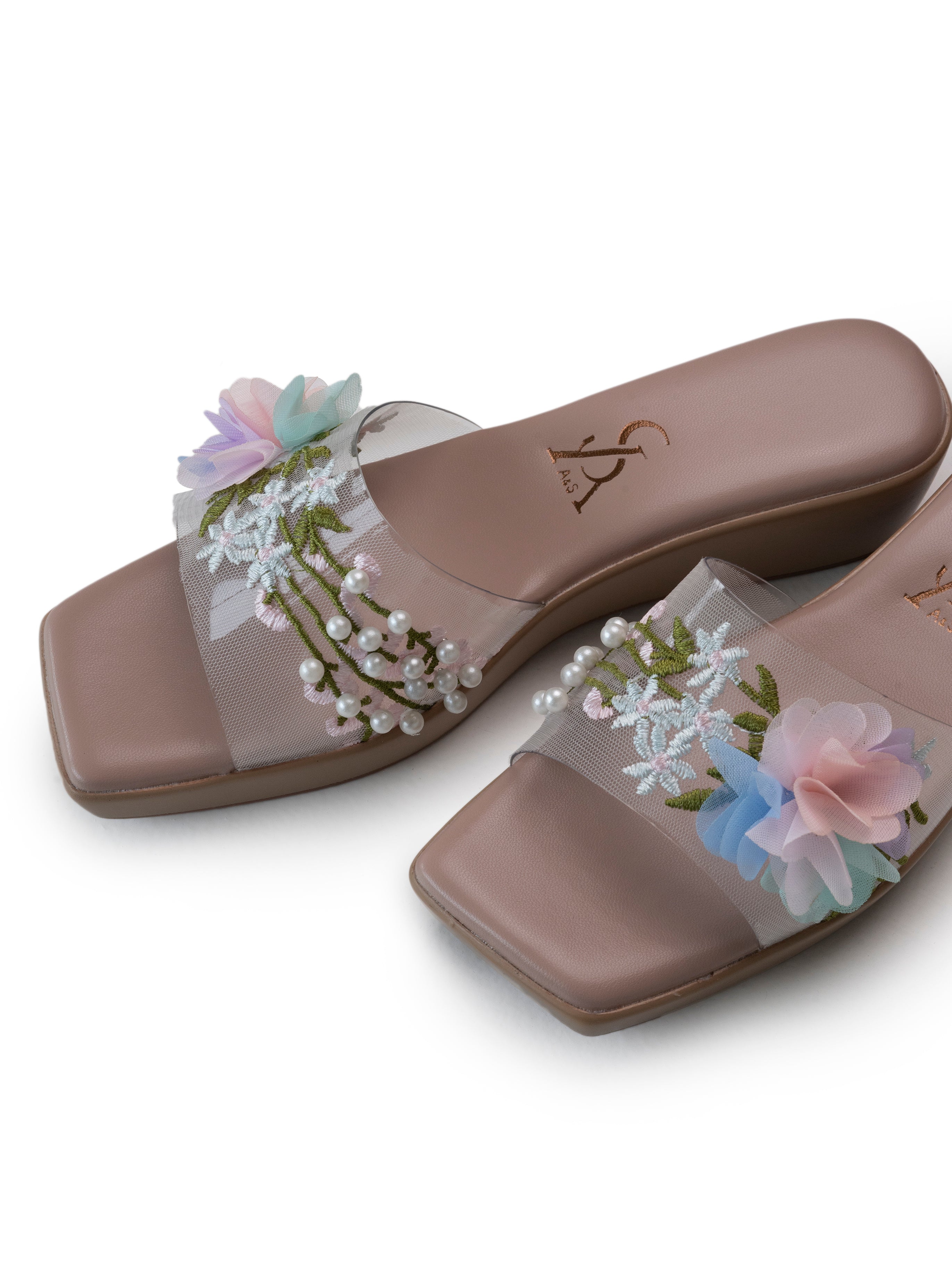 FLORAL PEARLS EMBELLISHED VINYL WEDGES