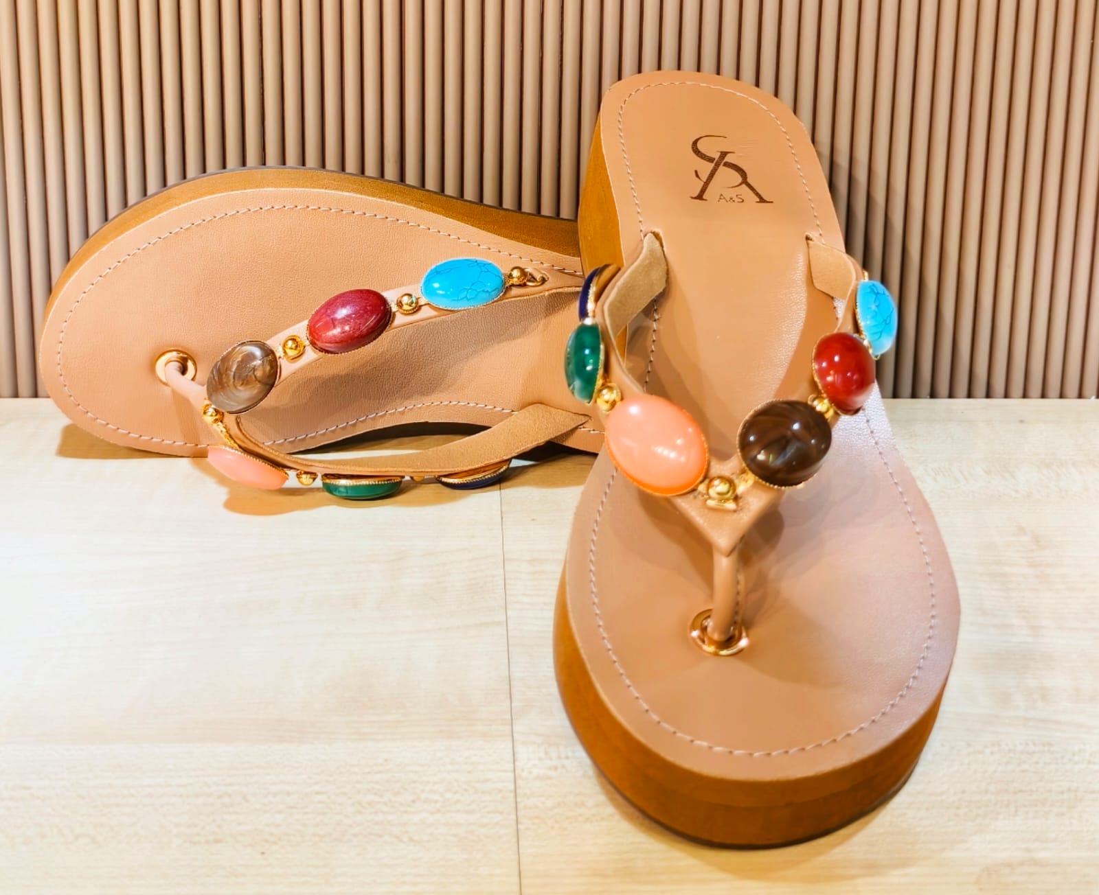 Bohemian Multicolored Stone Embellished low Flip-Flops