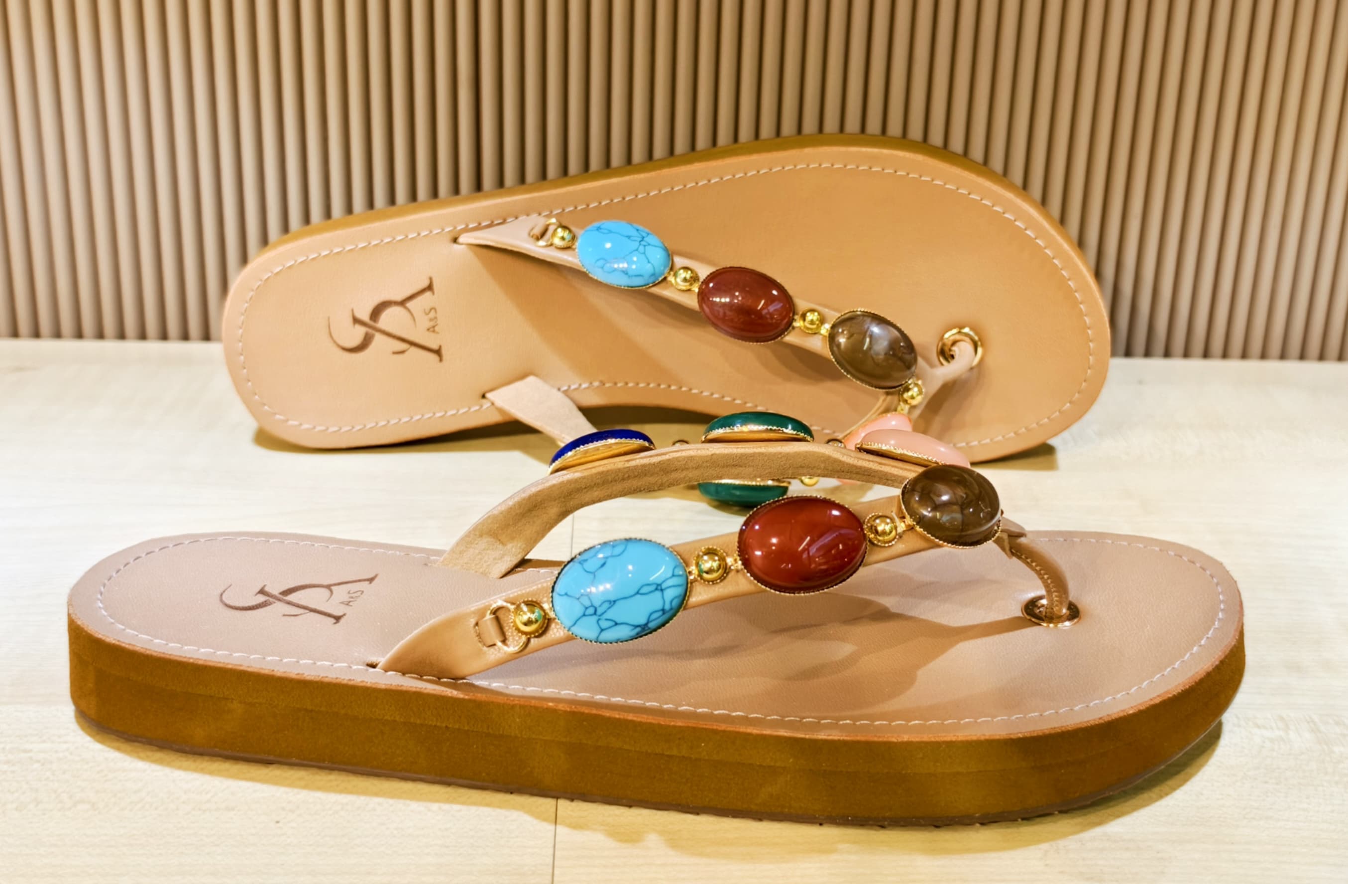 Bohemian Multicolored Stone Embellished low Flip-Flops