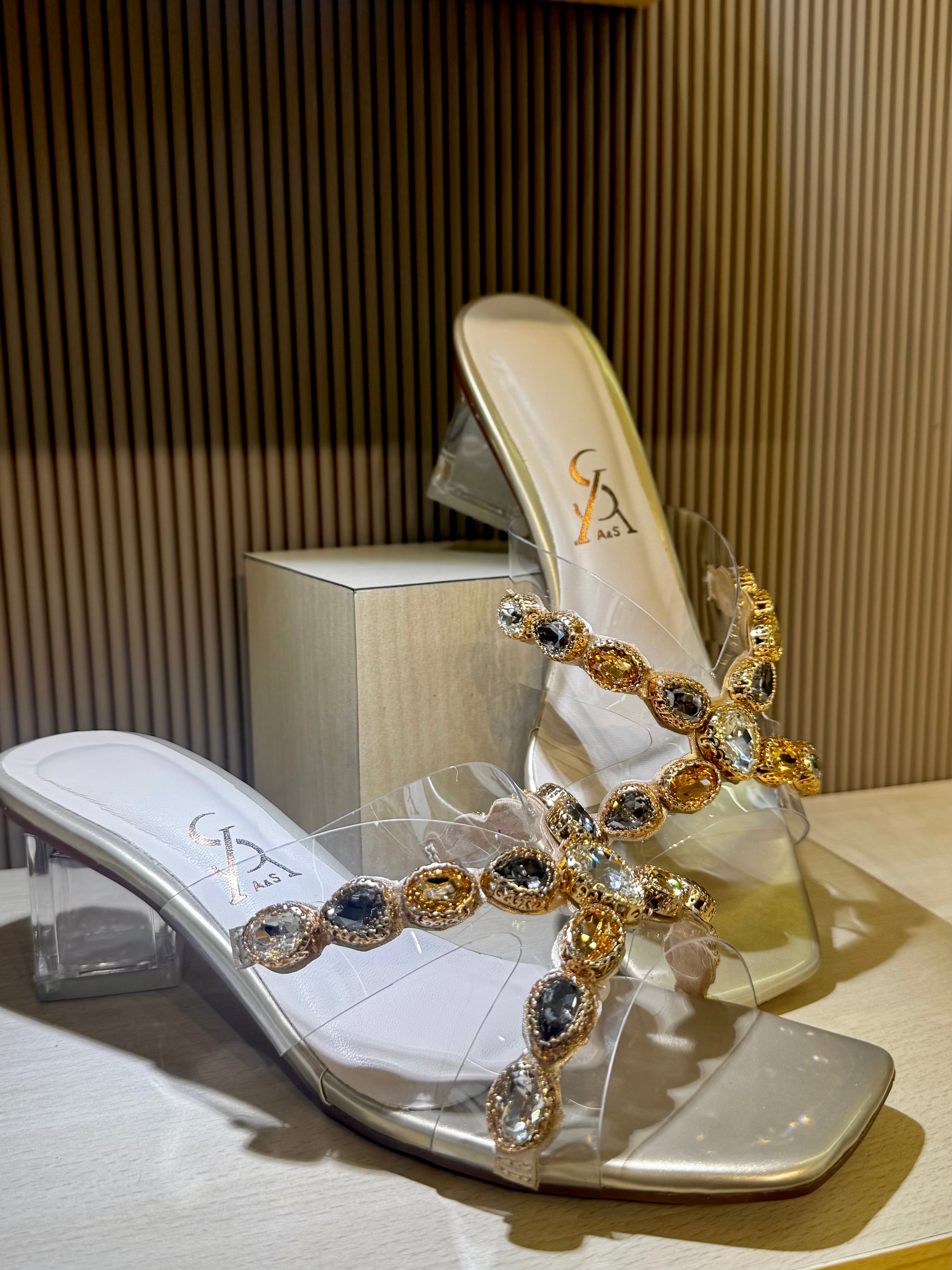 Stones Embellished Vinyl Low Heels