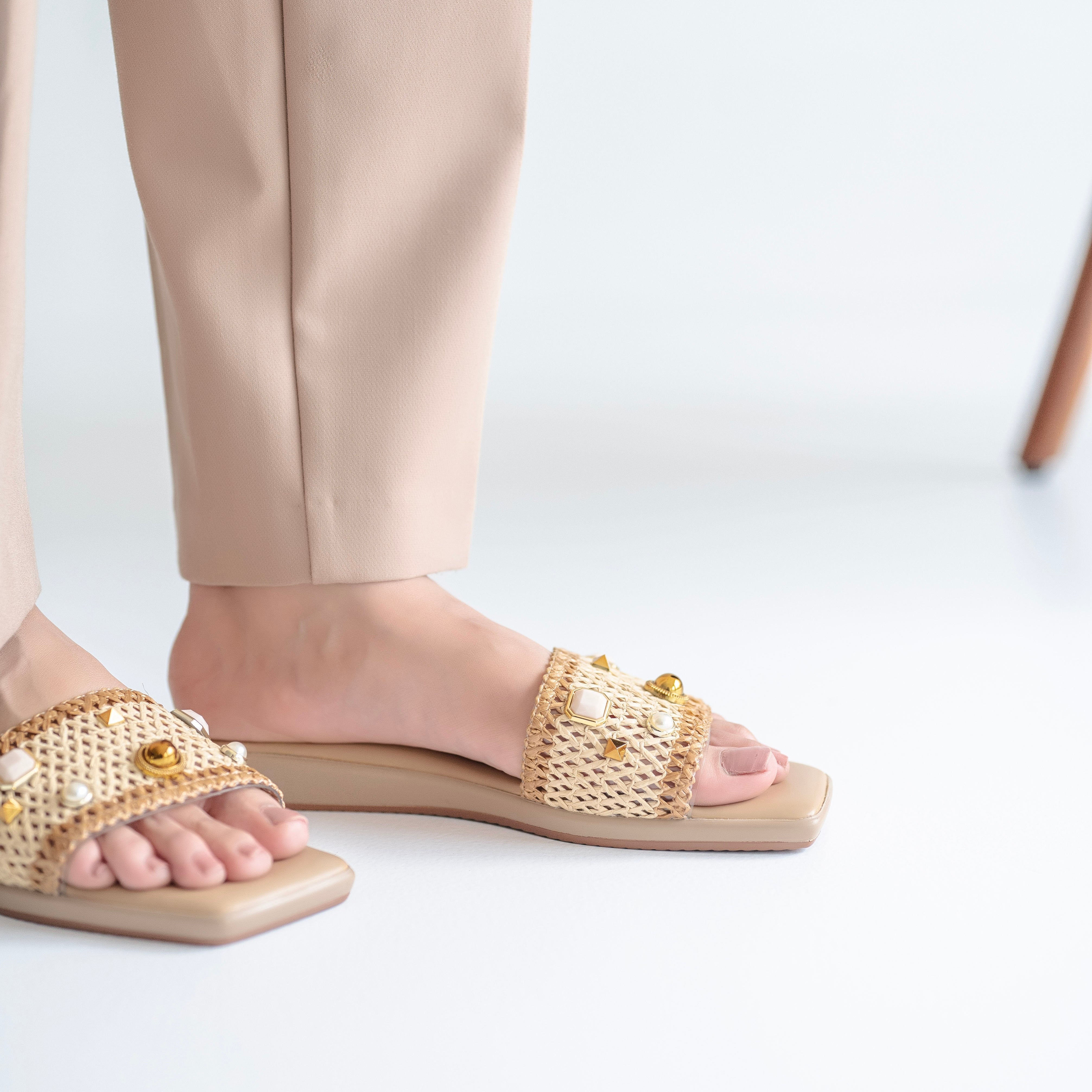 Jute Detail Studded Flats