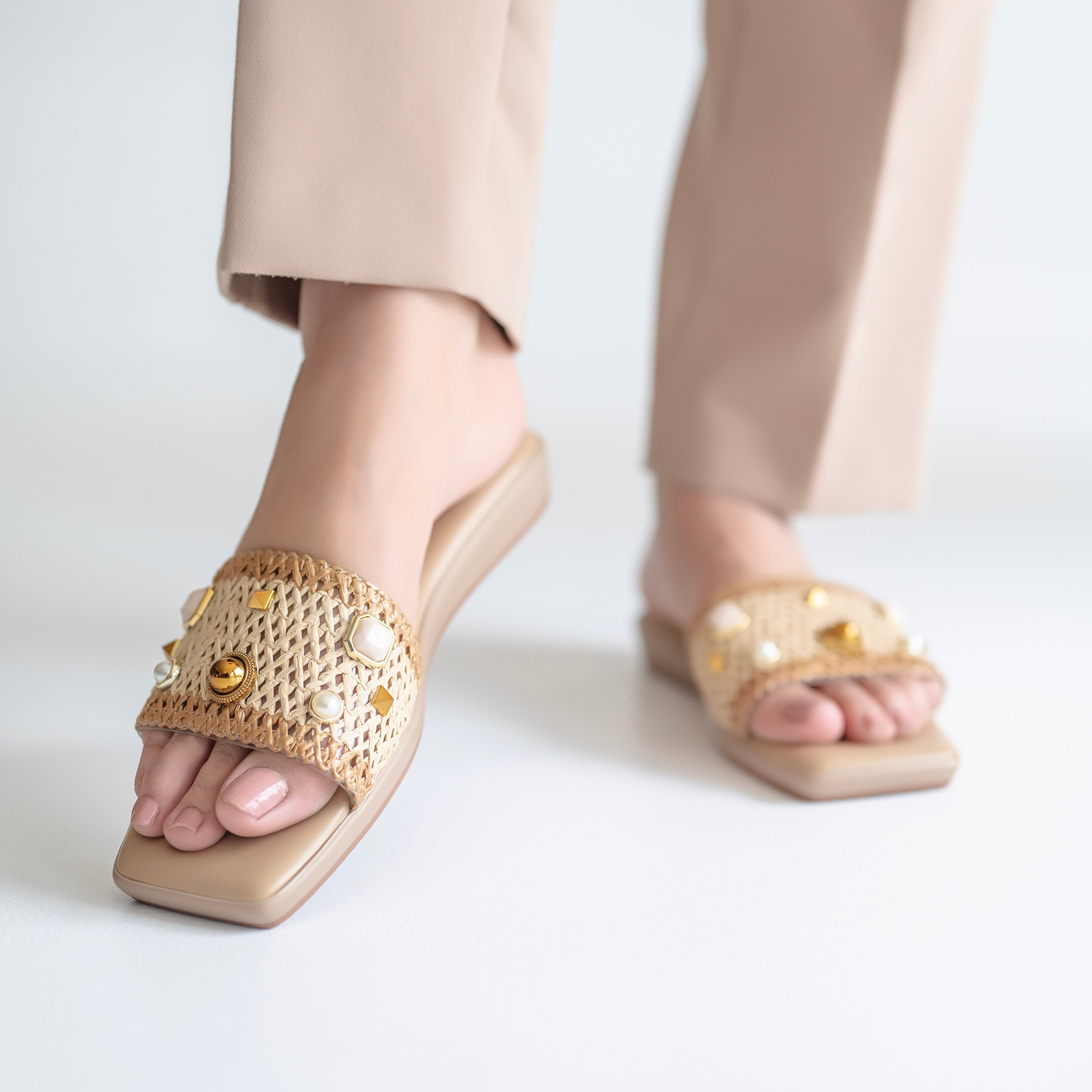 Jute Detail Studded Flats