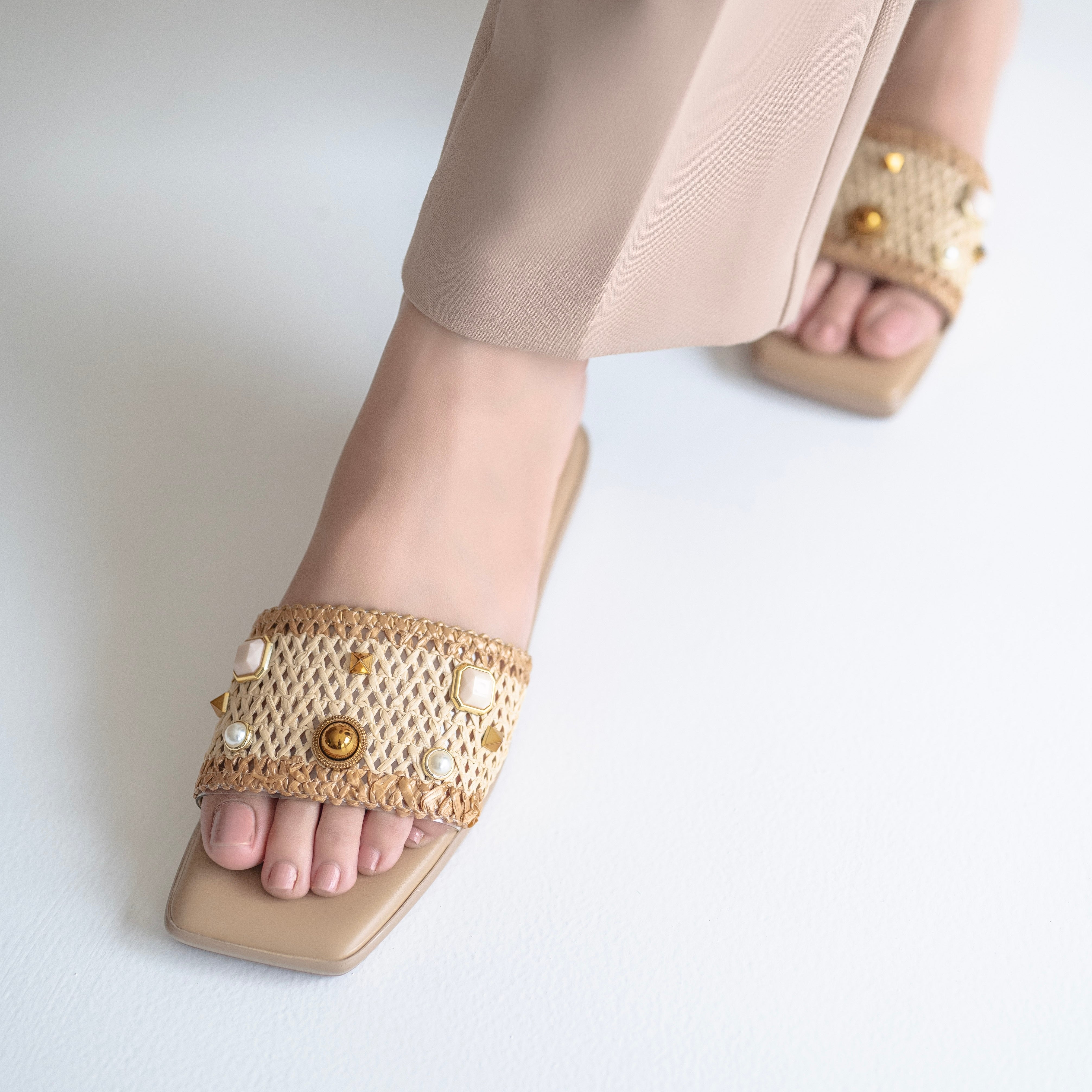 Jute Detail Studded Flats