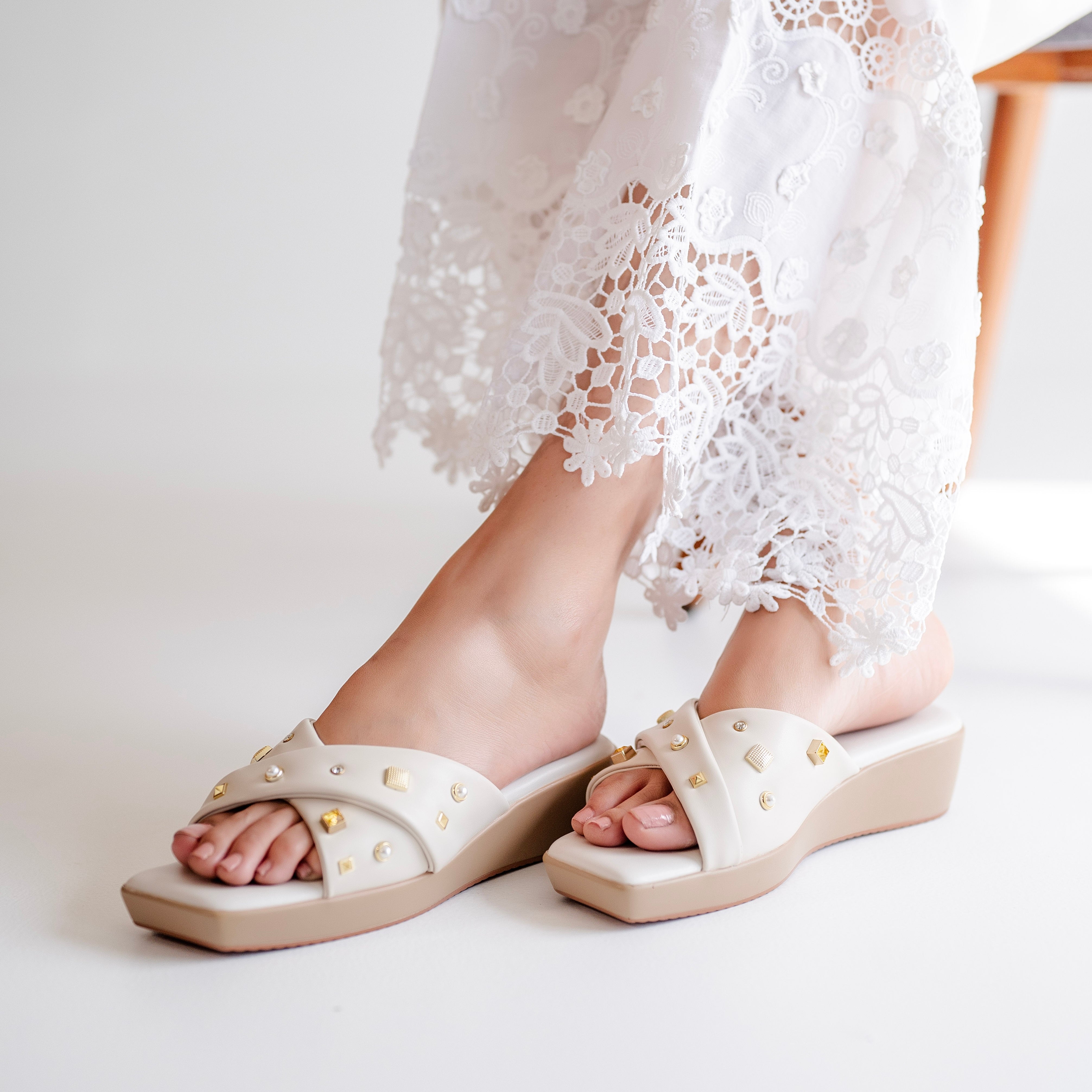 Cross Strap Studded Medium Wedges