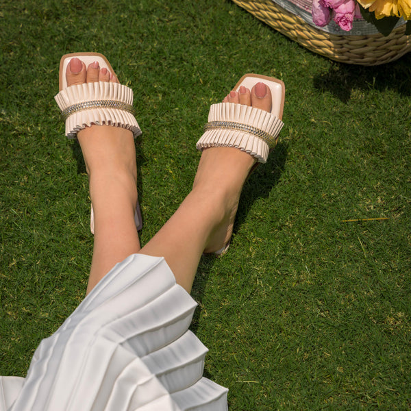 PLEATED AND CRYSTAL EMBELLISHED FLATS