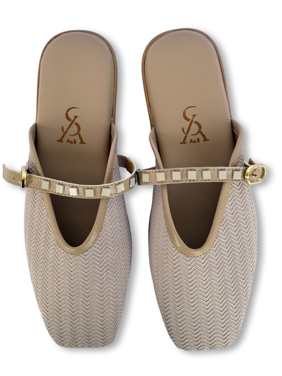 Beige Textured Fabric Mules