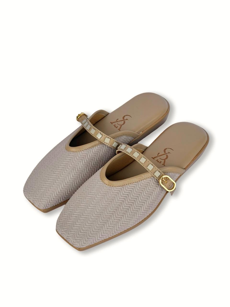 Beige Textured Fabric Mules