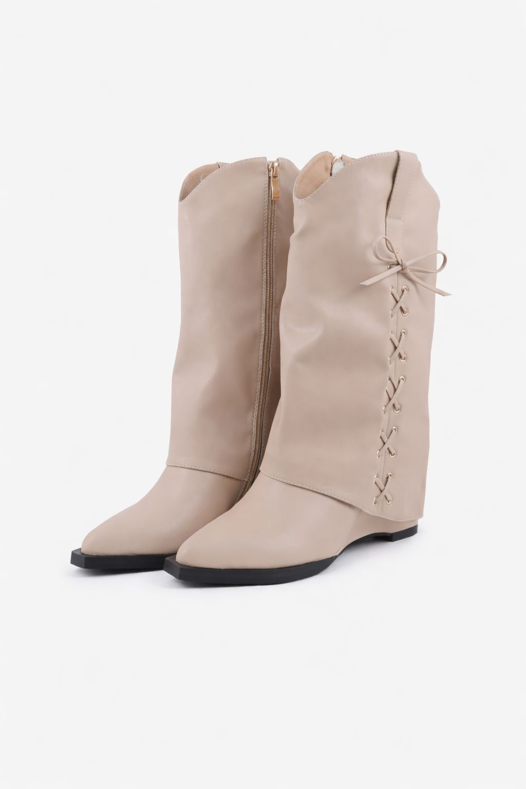 Leather Lace Detail Mid-Calf Boots