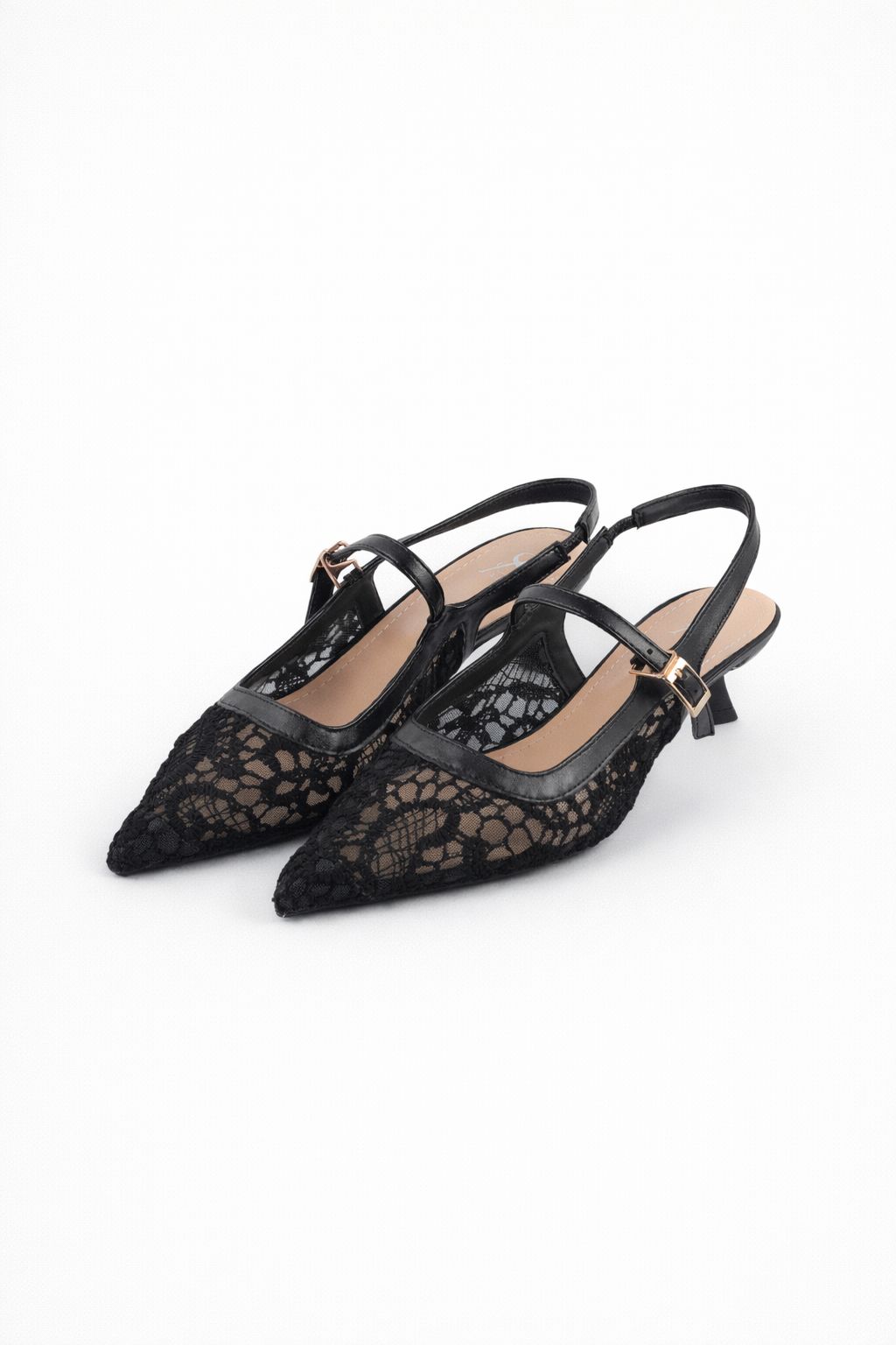 Lace Pointed Toe Slingback Kitten Heels