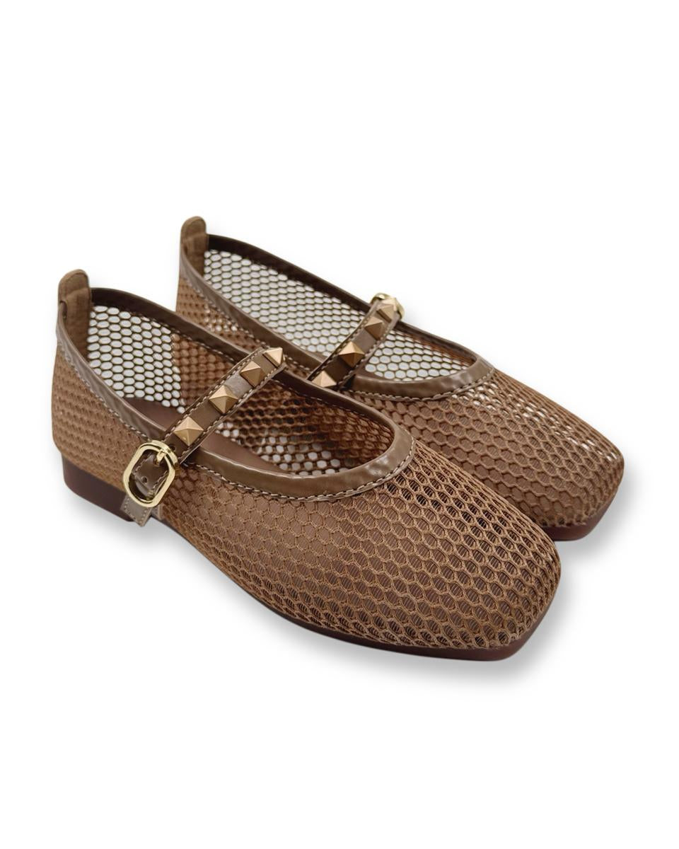 Mesh studded strap kids ballerinas