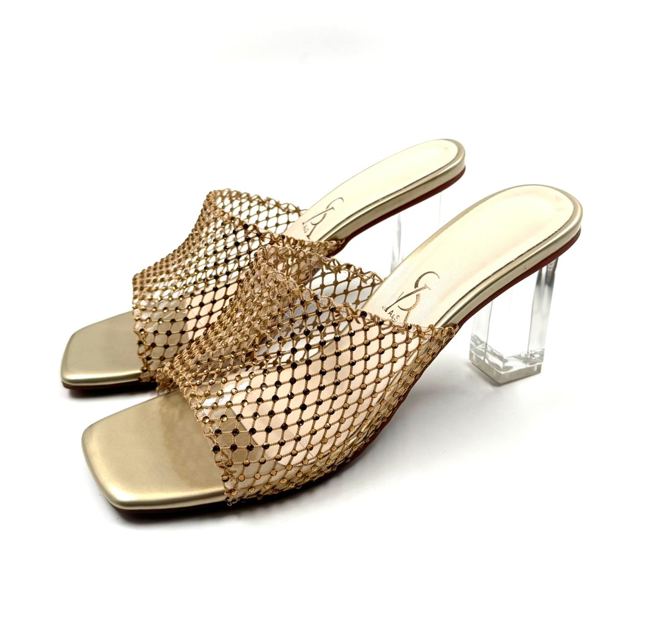 Mesh vinyl block heels
