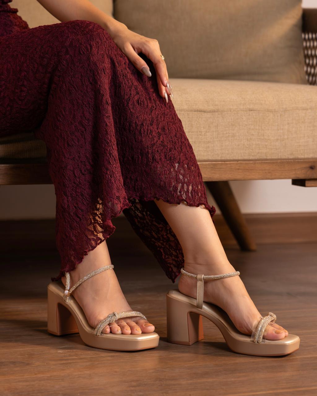Embellished Dual Strap Block Heels