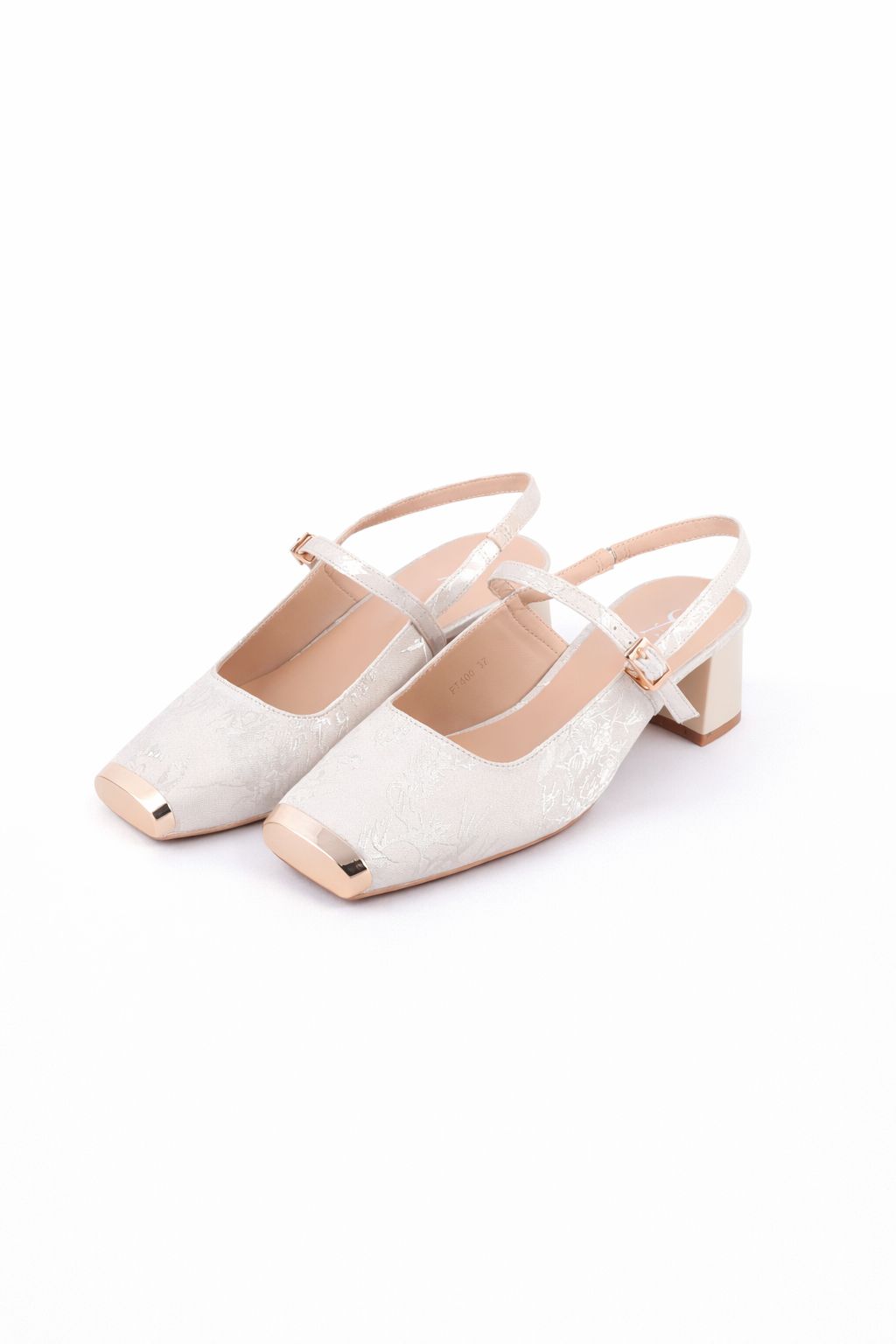 Textured Fabric Square Toe Slingback Block Heels