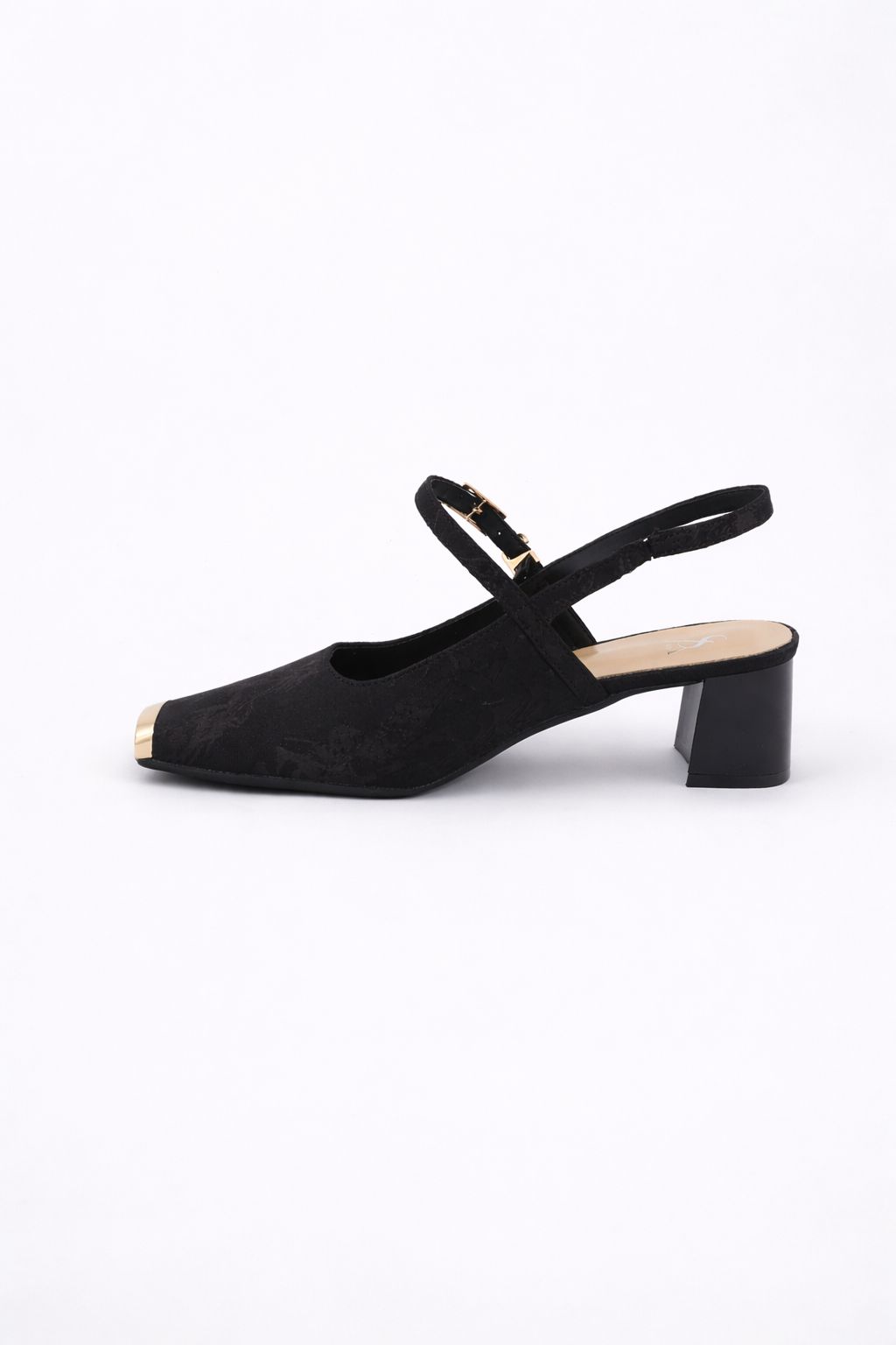 Textured Fabric Square Toe Slingback Block Heels