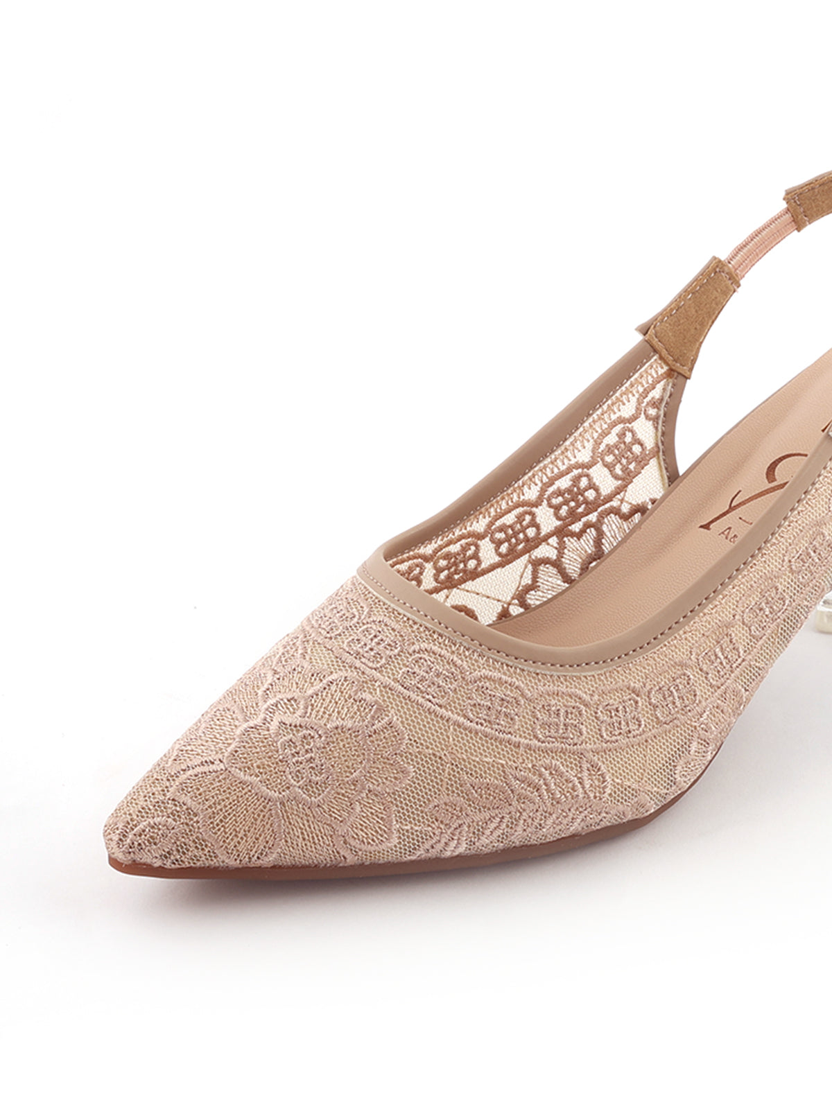 Floral lace detail slingback block heels