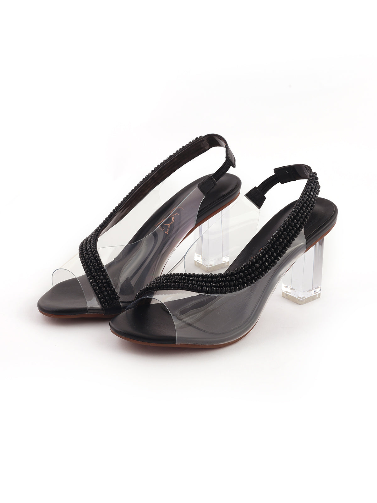 Embellished pear vinyl slingback block heels