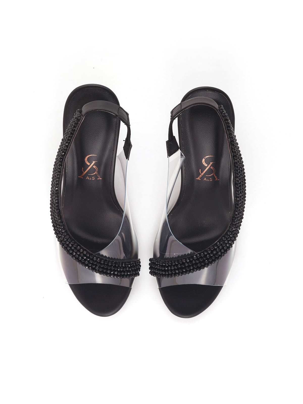 Embellished pear vinyl slingback block heels