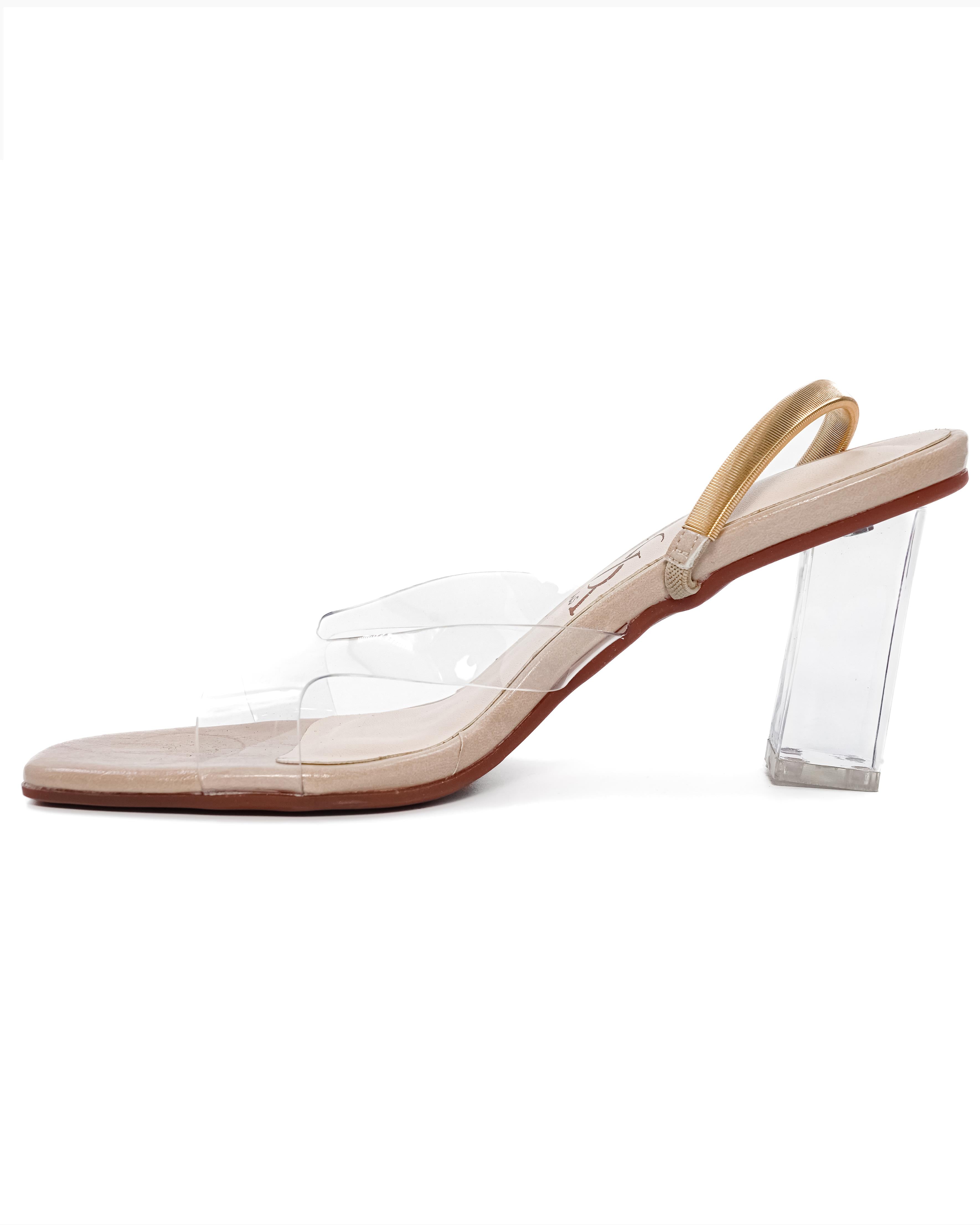 Cutout Golden Vinyl Strap High Block Heel