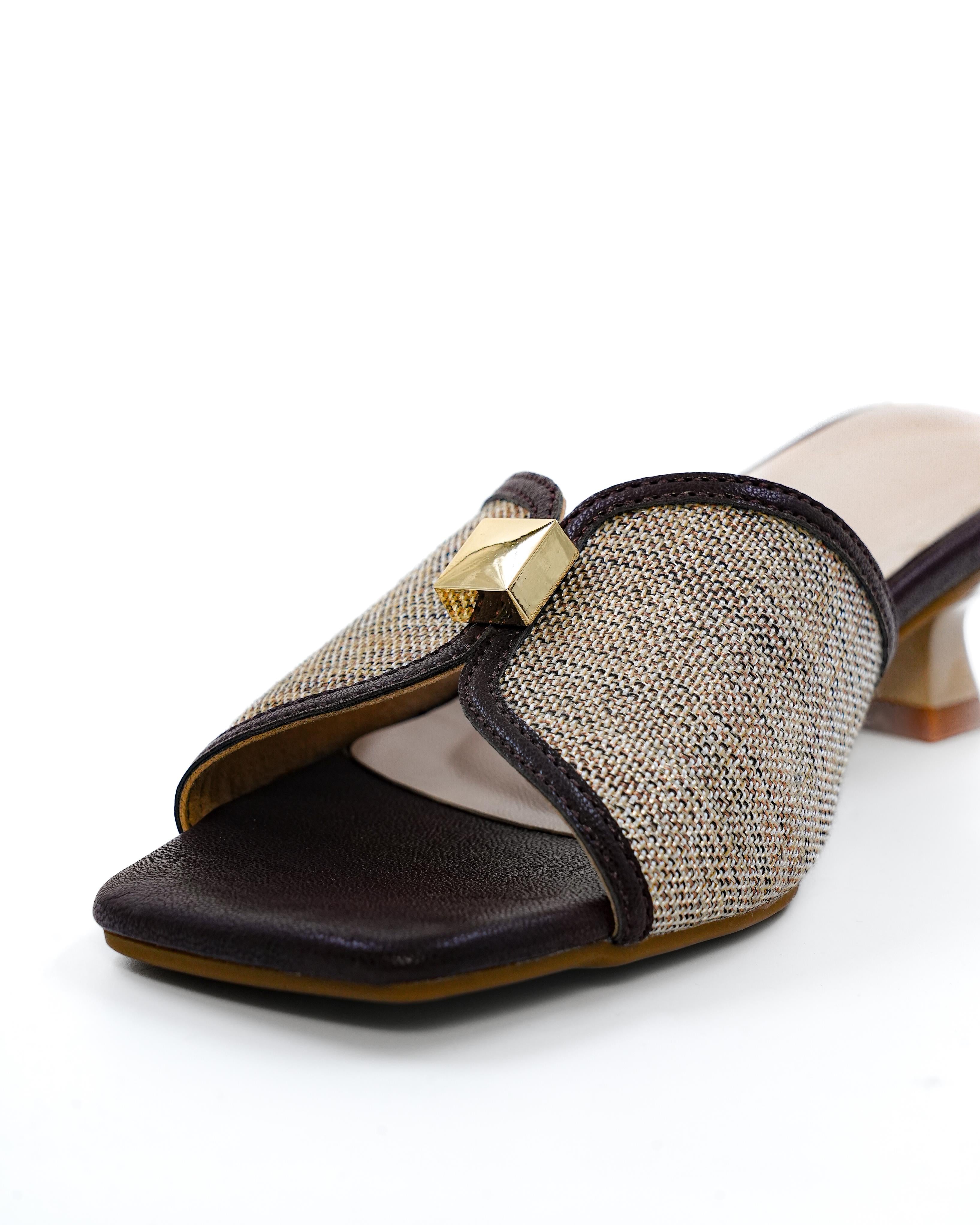 Jute Textured Gold Detail Kitten Heels