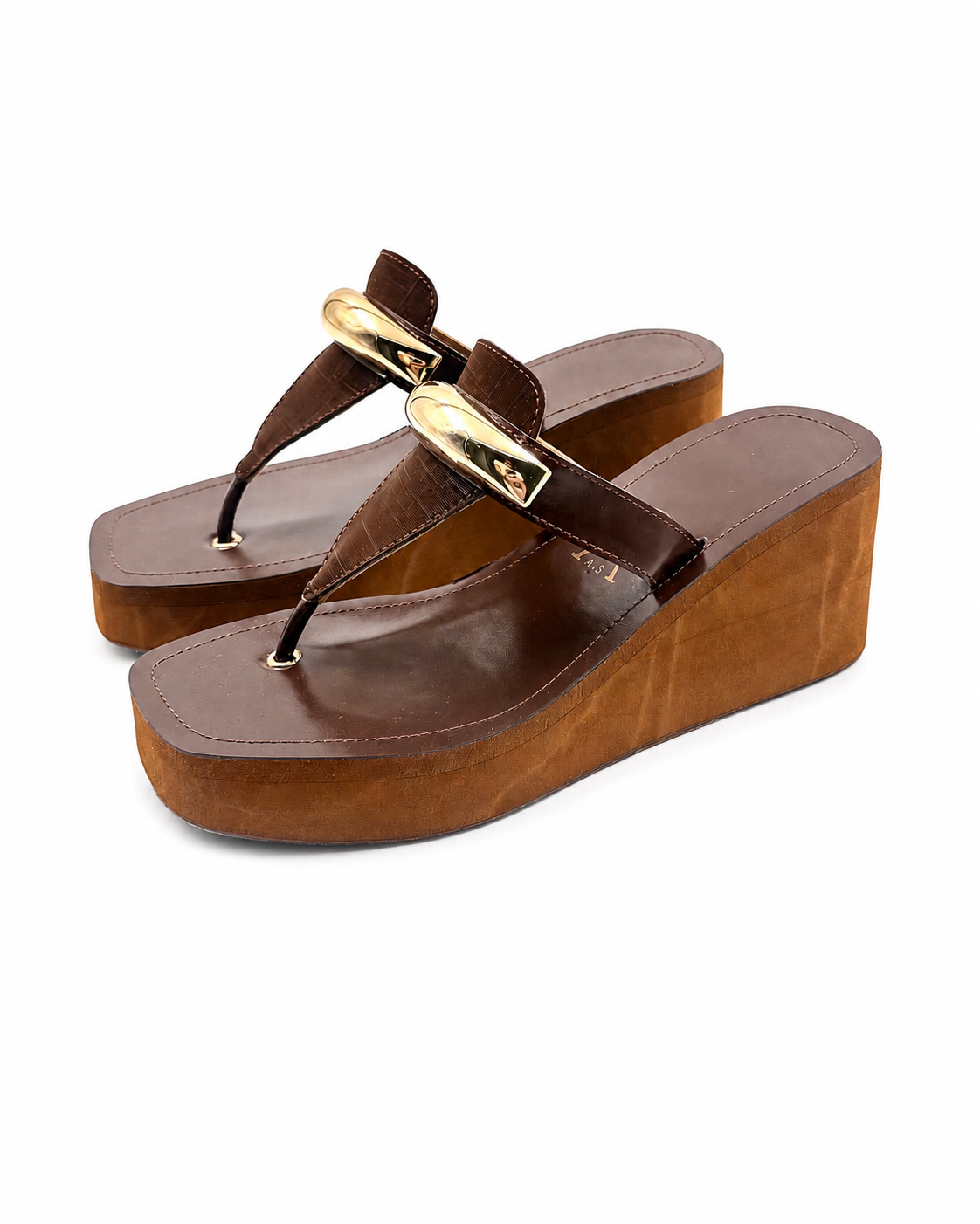 Golden Accent Detail T strap Wedges