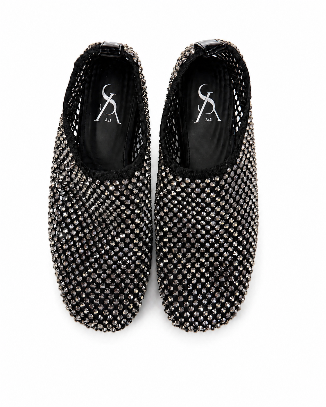 Rhinestone studded mesh closed ballerinas
