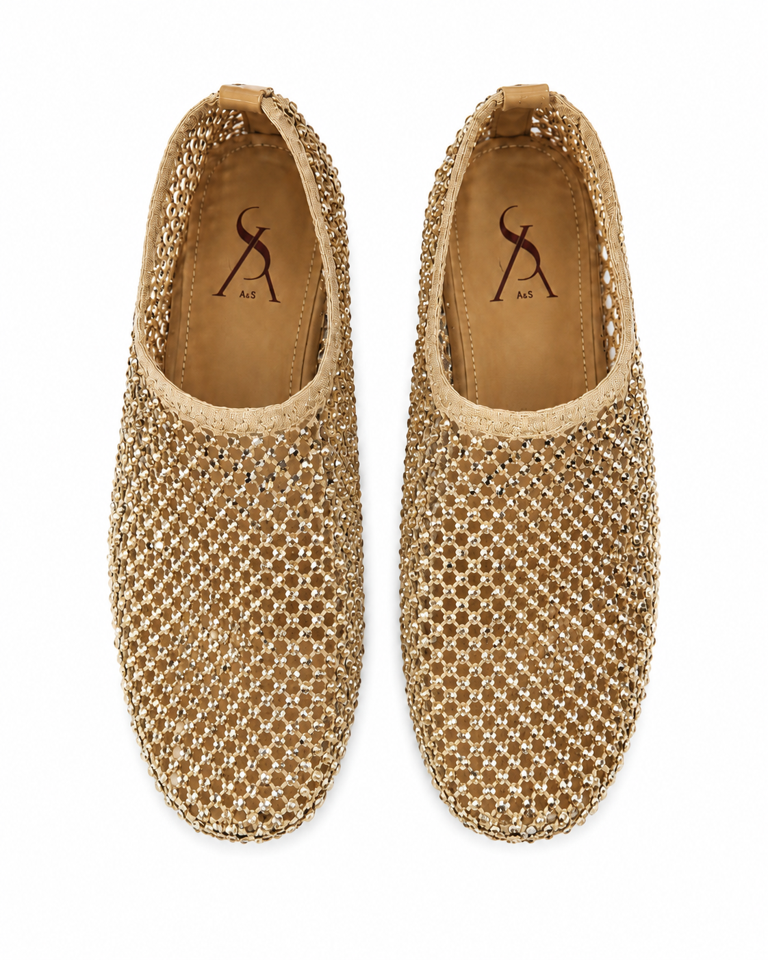 Rhinestone studded mesh closed ballerinas