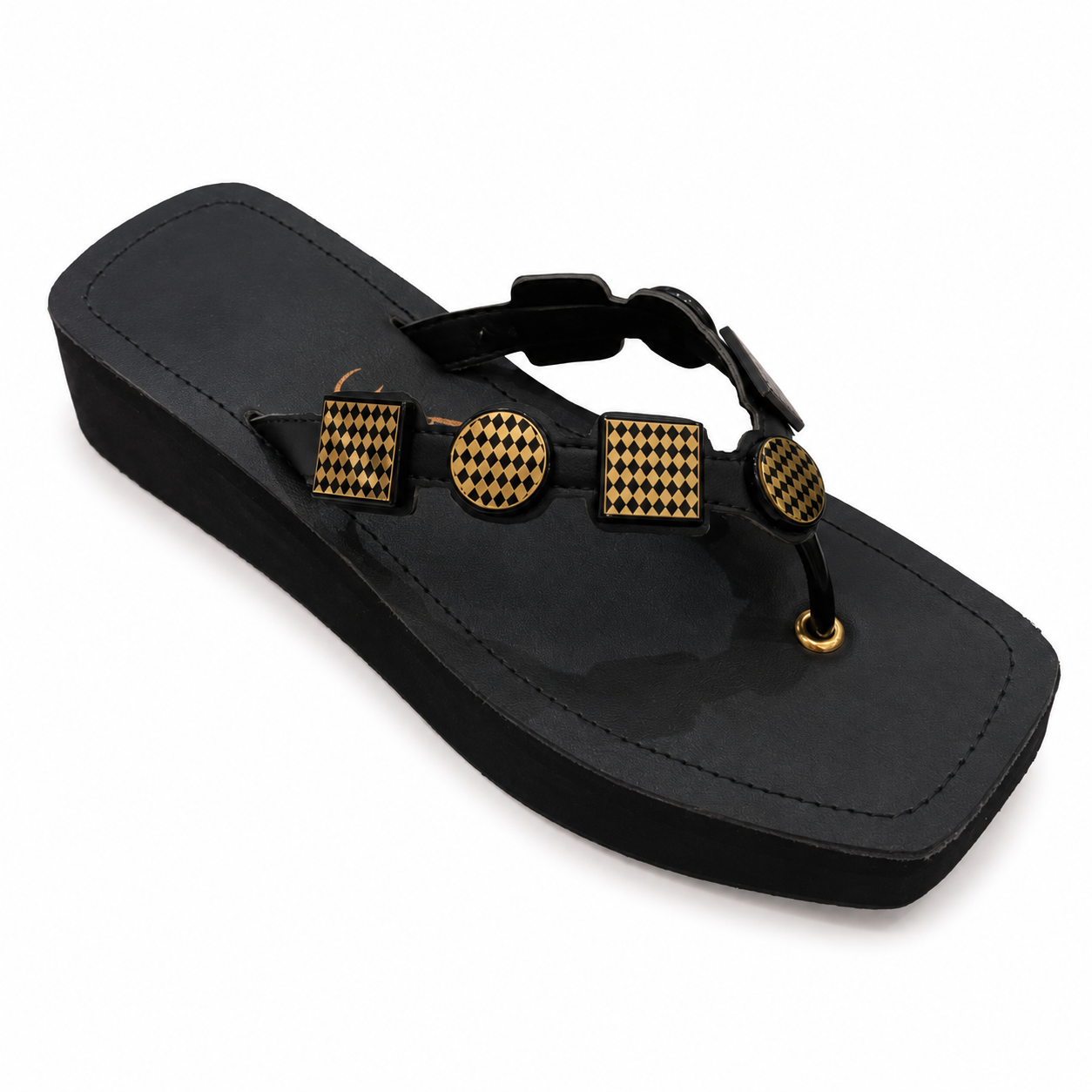 Geometric embellishments detail flip flops