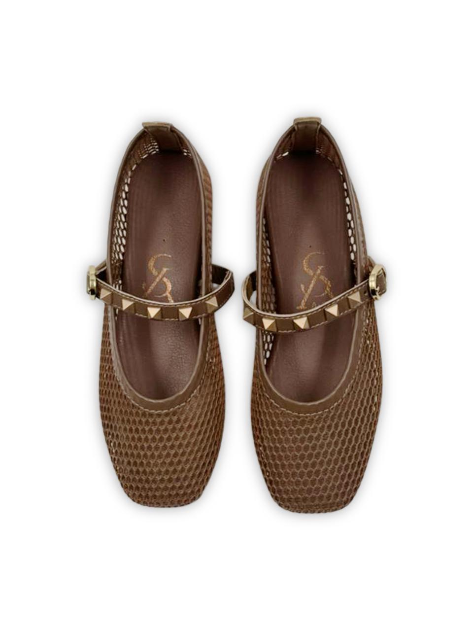Mesh studded strap kids ballerinas