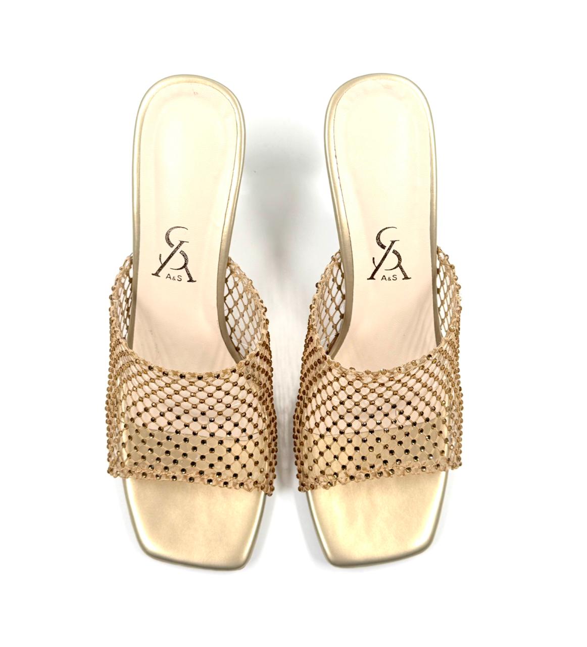 Mesh vinyl block heels